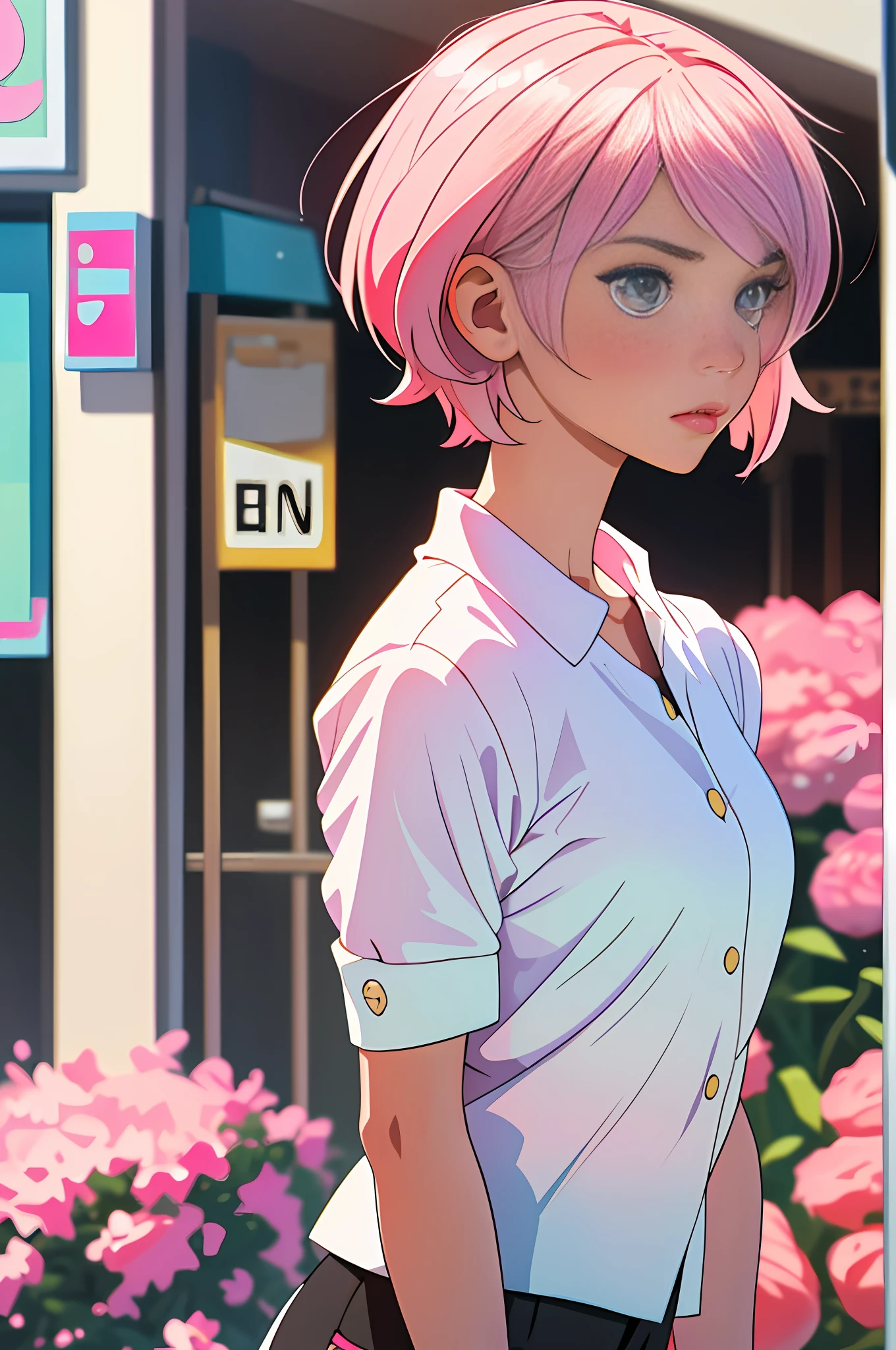 (best quality, masterpiece), 1girl, blurred background, upper body, contemporary, girl with pastel pink and short hair, white blouse and black shorts