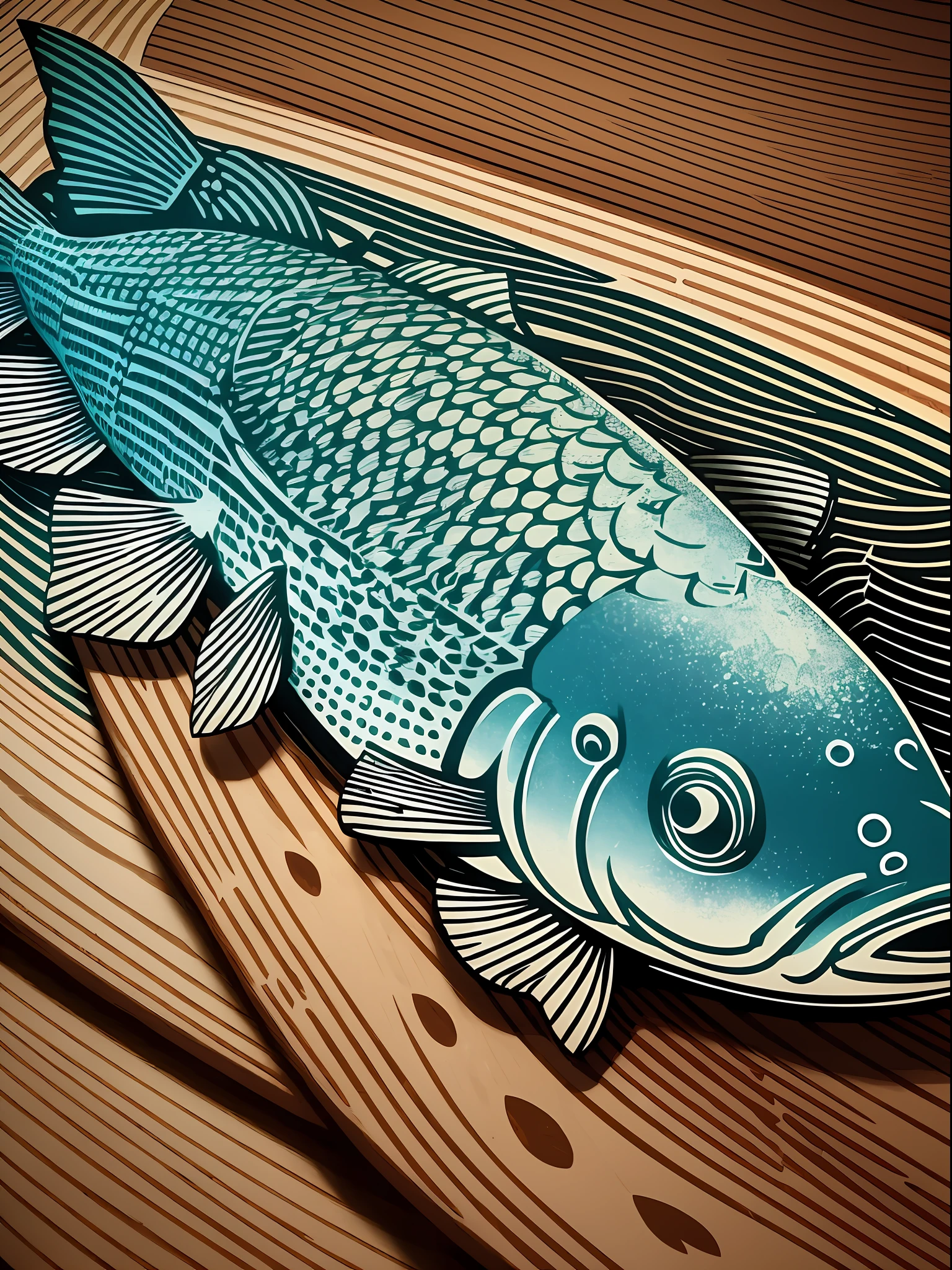 A fish engraved with a human finger fingerprint in woodcut style --auto --s2