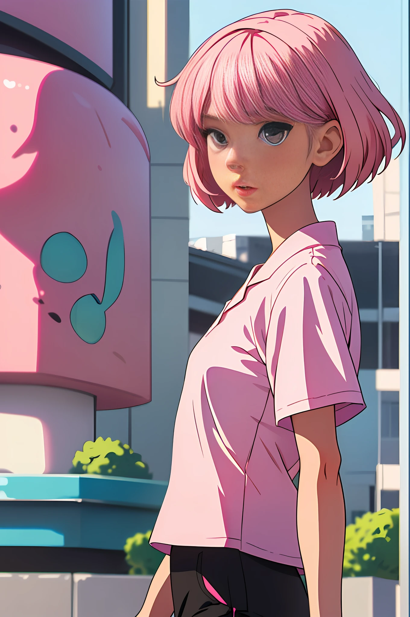 (best quality, masterpiece), 1girl, blurred background, upper body, contemporary, girl with pastel pink and short hair, white blouse and black shorts