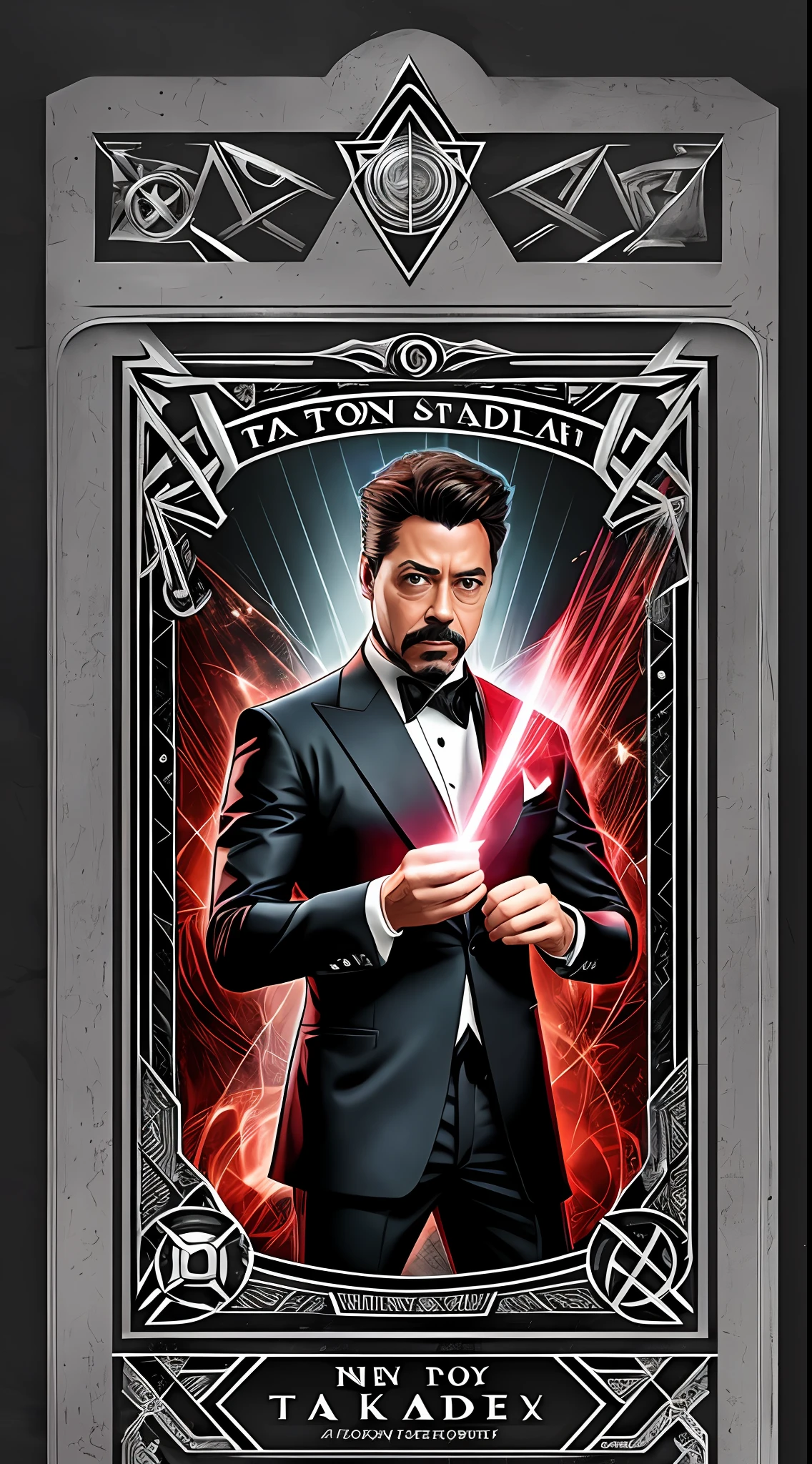 a tarot card with Tony Stark as the Magician, mixed media style with photobashing and sculpting, black and white with a touch of red, inspired by Stanley Artgerm Lau and Chip Zdarsky