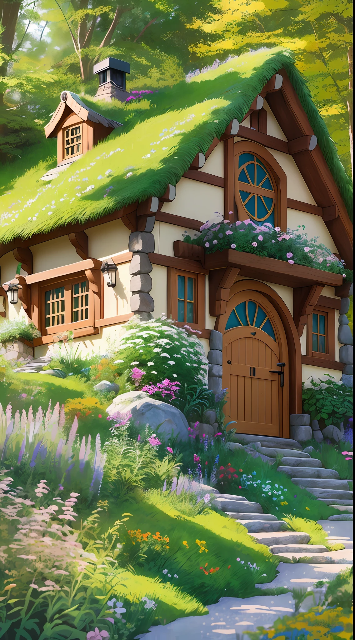 Realistic, real life, beautiful hobbit house on the hill, style of laurie greasley, studio ghibli, akira toriyama, james gilleard, genshin impact, trending pixiv fanbox, acrylic palette knife, 4k, vibrant colors, devinart, trending on artstation