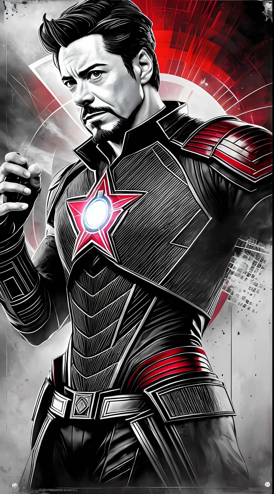 a tarot card with Tony Stark as the Magician, mixed media style with photobashing and sculpting, black and white with a touch of red, inspired by Stanley Artgerm Lau and Chip Zdarsky