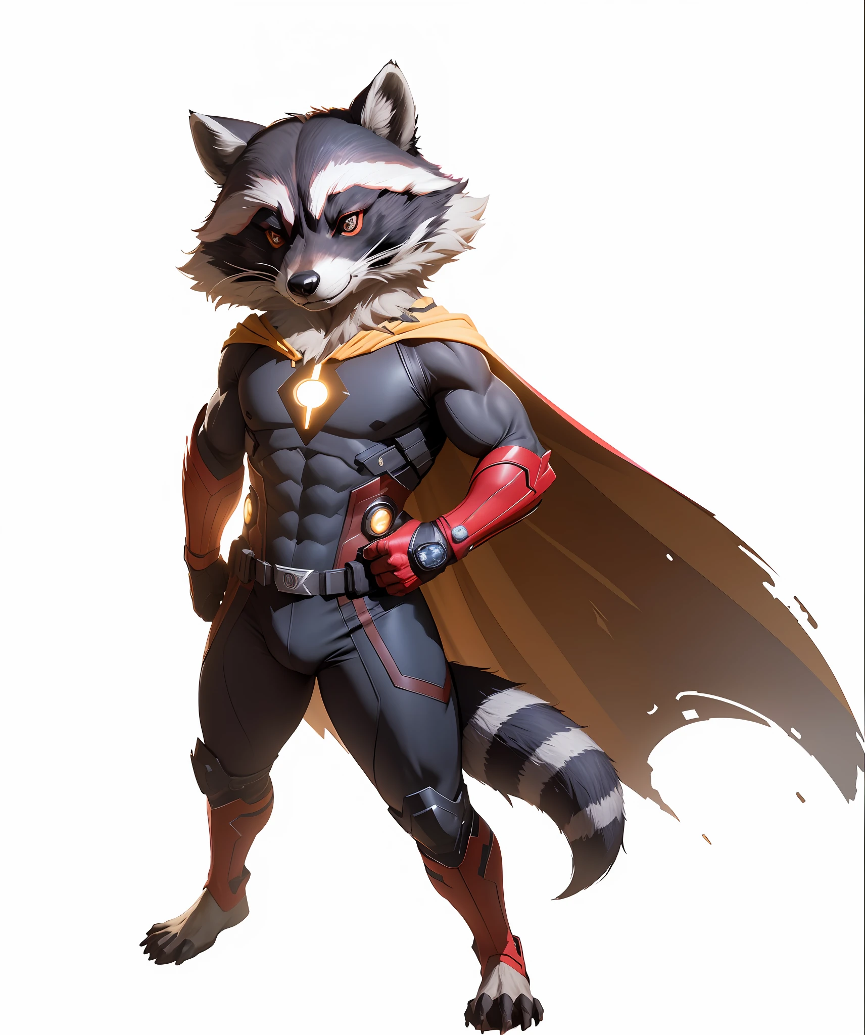 8k, realistic, charismatic, very detailed, raccoon, vision, superhero theme, full body, ray-traced images of Arthur Pan, trends on Artstation, digital art, red and cinematic lighting, dramatic shadows and beautiful vivid colors capture scenes. Romantic art style, flat perspective, character standing, perfect face, raccoon, vision, infinity stones, tights, fabric