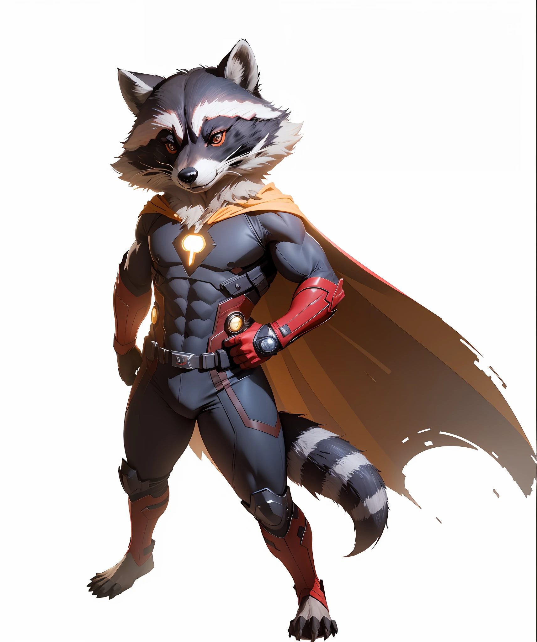 8k, realistic, charismatic, very detailed, raccoon, vision, superhero theme, full body, ray-traced images of Arthur Pan, trends on Artstation, digital art, red and cinematic lighting, dramatic shadows and beautiful vivid colors capture scenes. Romantic art style, flat perspective, character standing, perfect face, raccoon, vision, infinity stones, tights, fabric