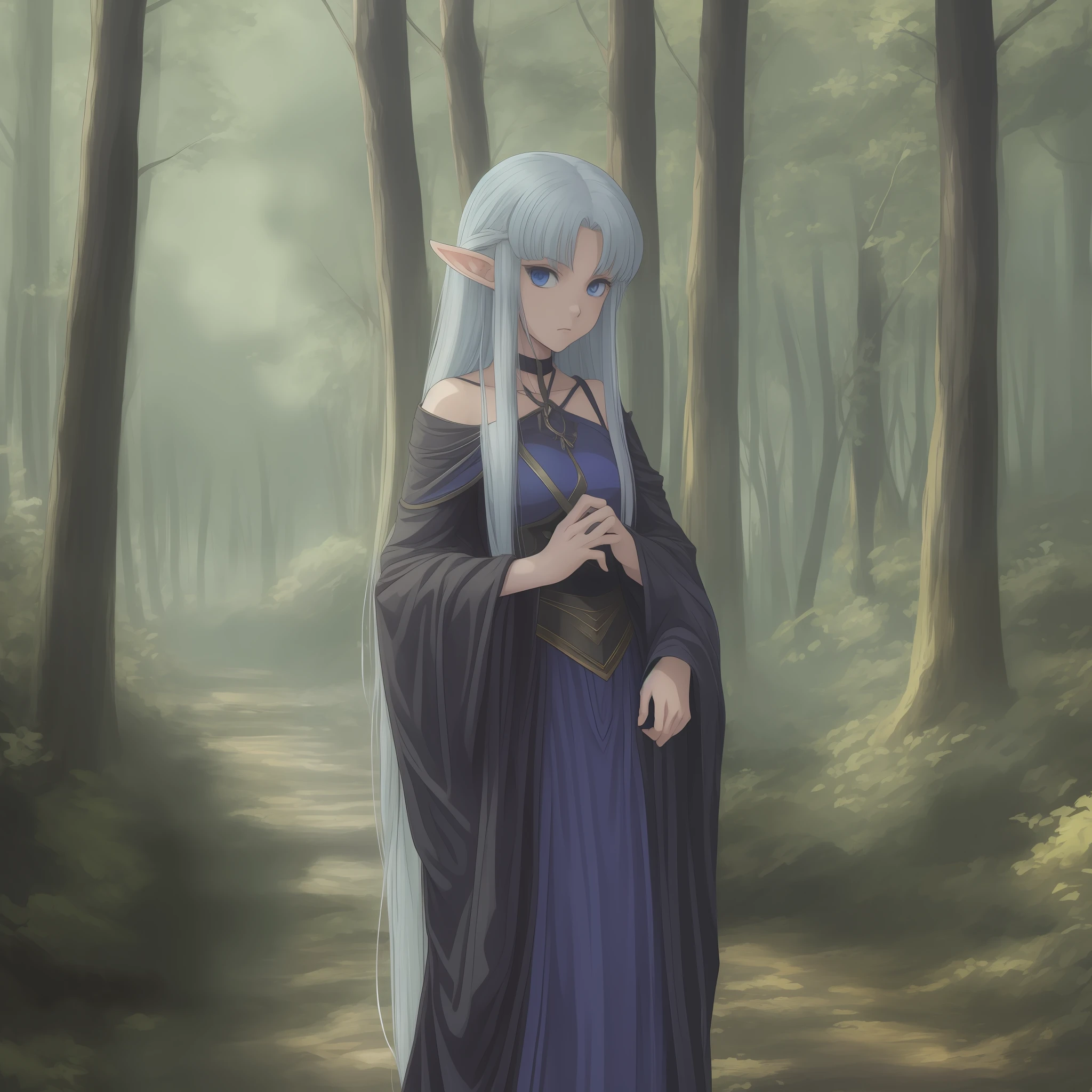 90's anime style, beautiful thin elf girl, Black robe, forest landscape, blue eyes, pale skin, Gray long hair --auto --s2