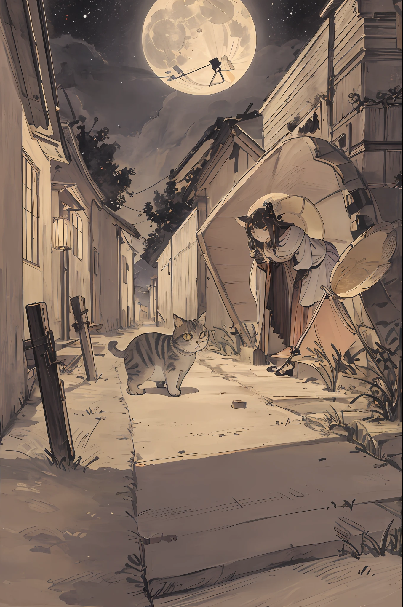 cat ,tigrado brown,cute,big eyes,masterpiece,full moon,alley
