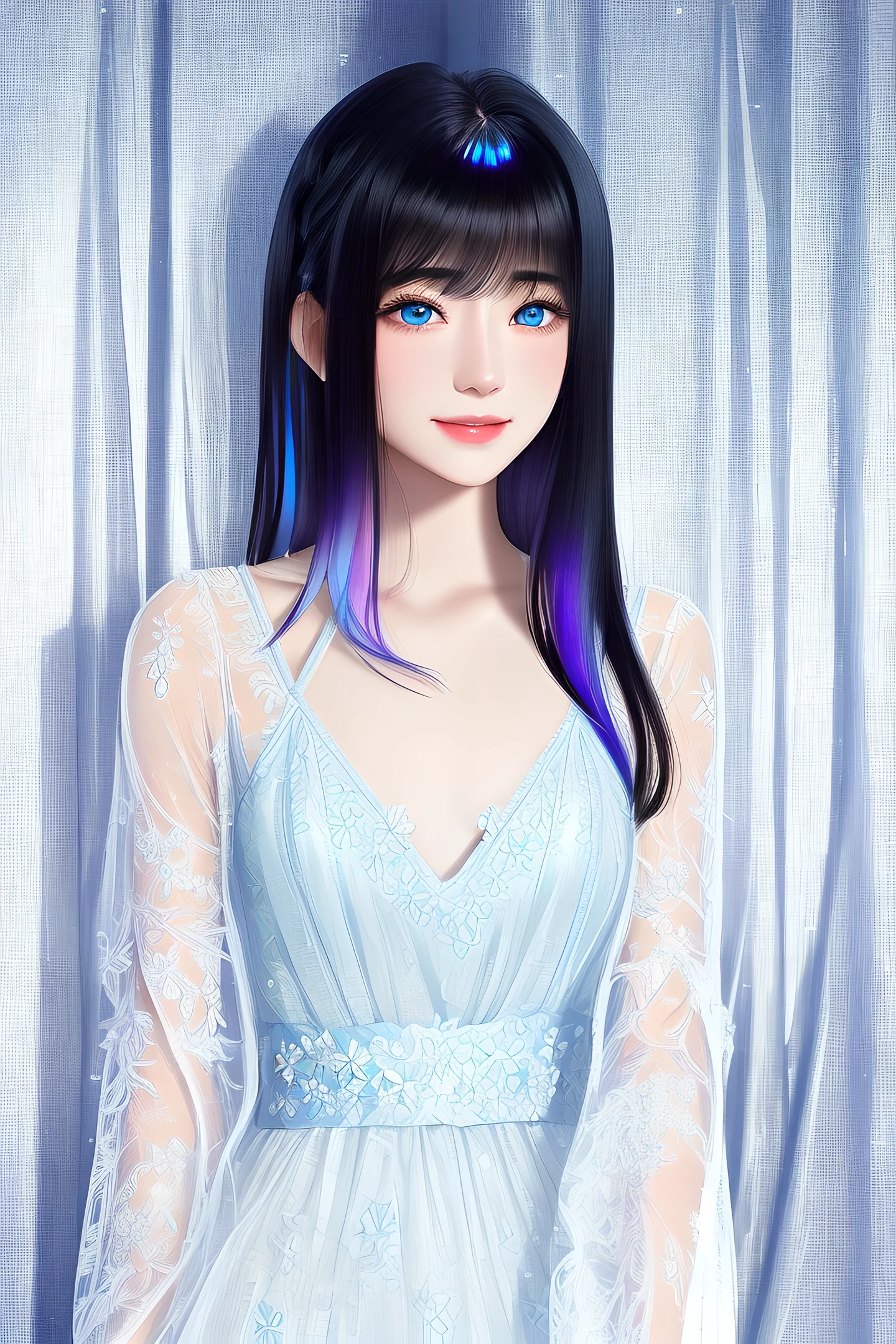 a beautiful detailed girl , extremely delicate and beautiful girls, realistic, Beautiful detailed girl, flat chest, girl,woman,female, young,20 years old, medium hair, long bangs, black hair, gradient hair, Iridescence and rainbow hair, Authentic and detailed face, seductive smile, blue eyes, white skin,