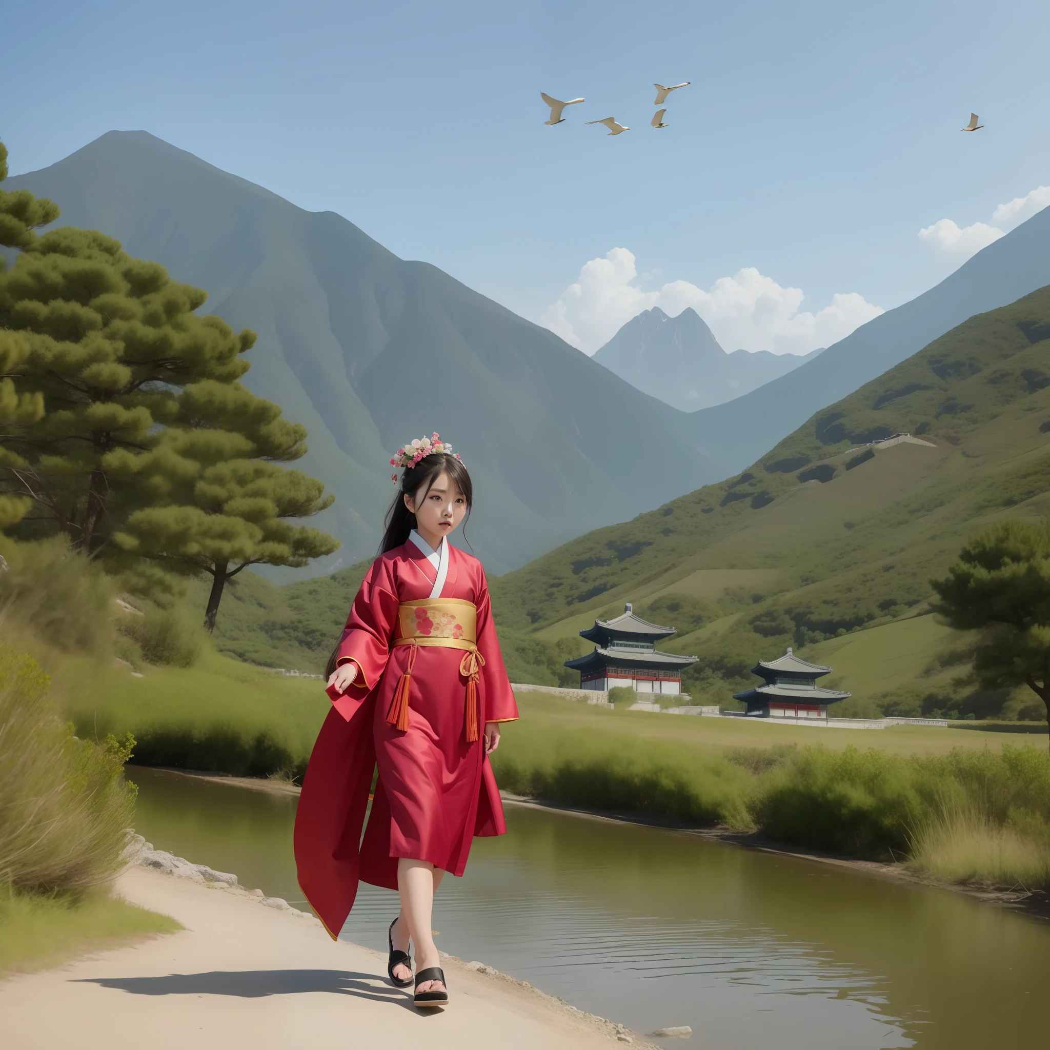 Korean girl, big eyes, wearing a Tang Dynasty costume, walking next to an ancient small temple, with mountains, water, meadows, a flock of birds in the background, thank you. Comic book style. Don't forget.