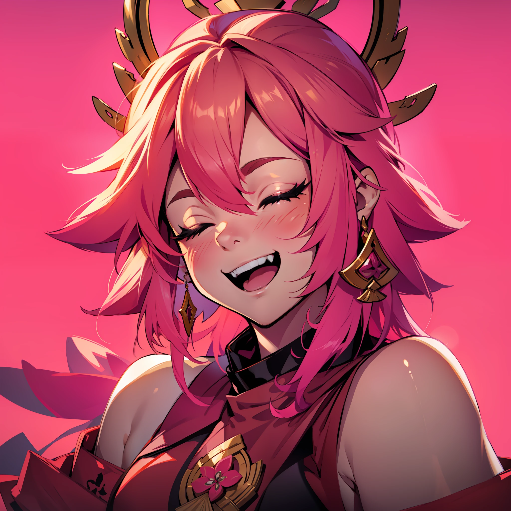 yae miko, Pink hair, close eyes, a girl laughing,open mouth, with an orange background, portrait