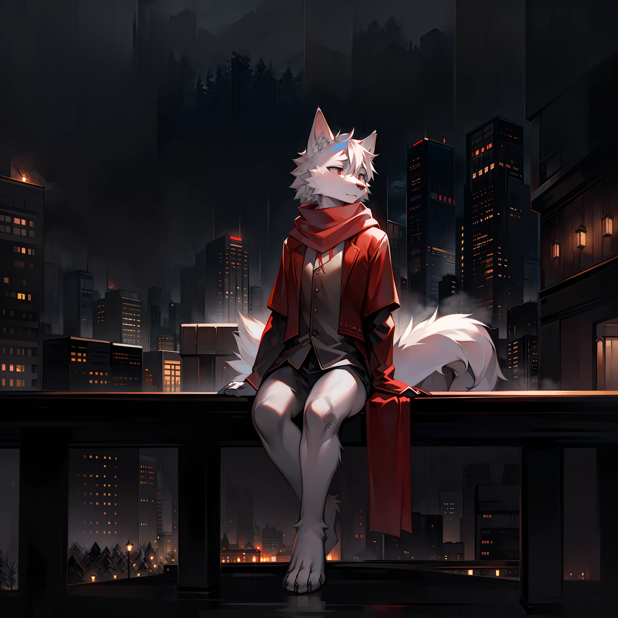 Solo white wolf with red scarf and Grey Eyes, small, Photorealistic, Raining background, soft atmosphere, sitting alone, Middle of the city, Wood Chair, Night time, Trees, Grass, Buildings