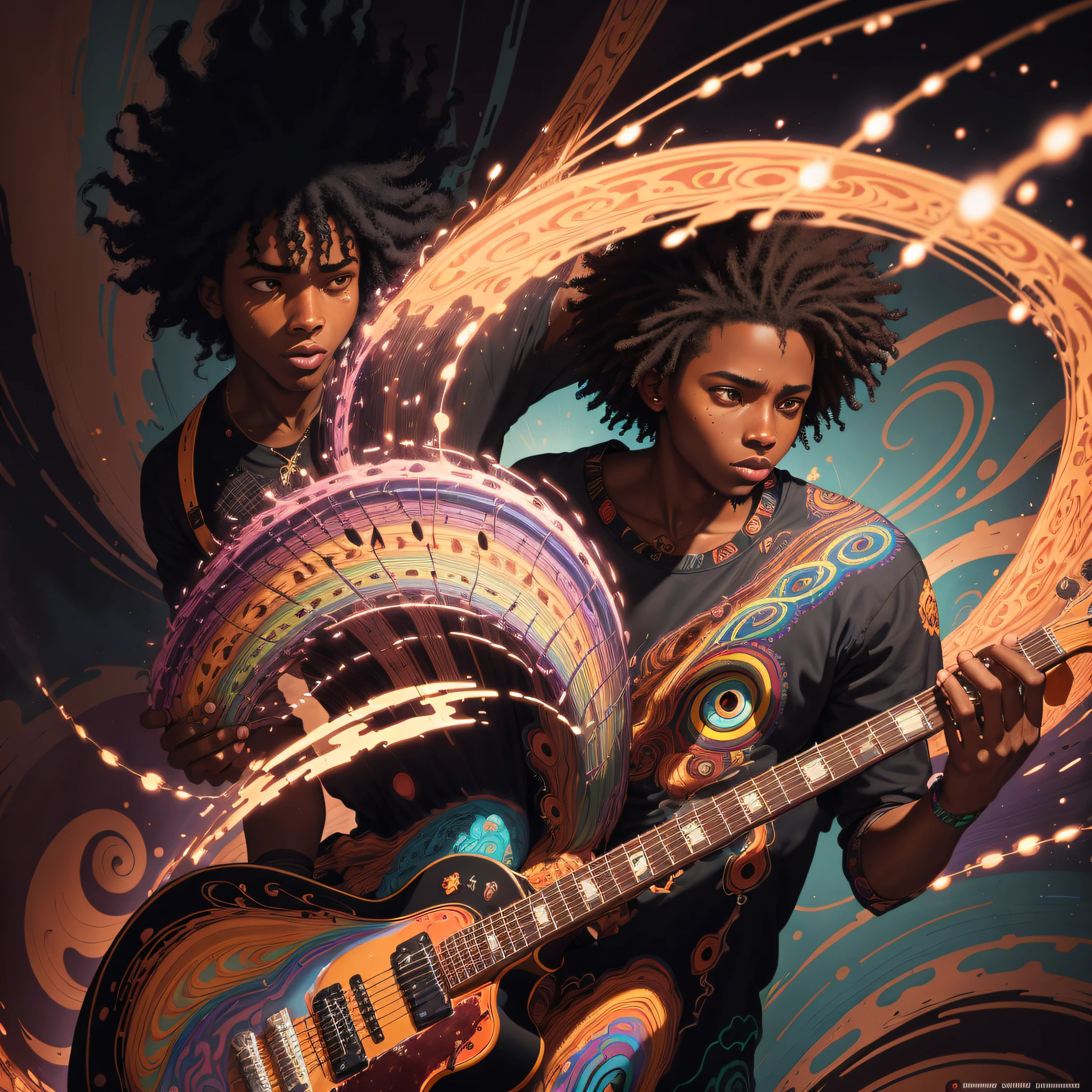 A young black man with black afro hair and brown eyes, playing a guitar, surrounded by swirling, colorful music notes in the background, in the art style of artists called "Esao Andrews", "Stanley Mouse", and "Dan Mumford (dramatic illumination), (intense color contrast), (dynamic angle)