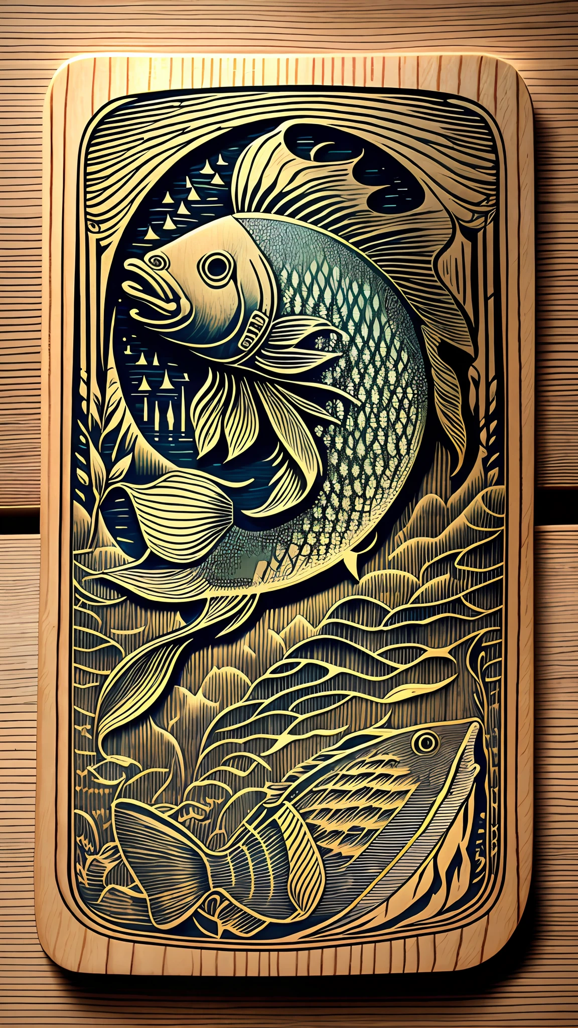 A fish engraved on a human finger digital in the style of woodcut, key lighting for the dark atmosphere. --auto --s2