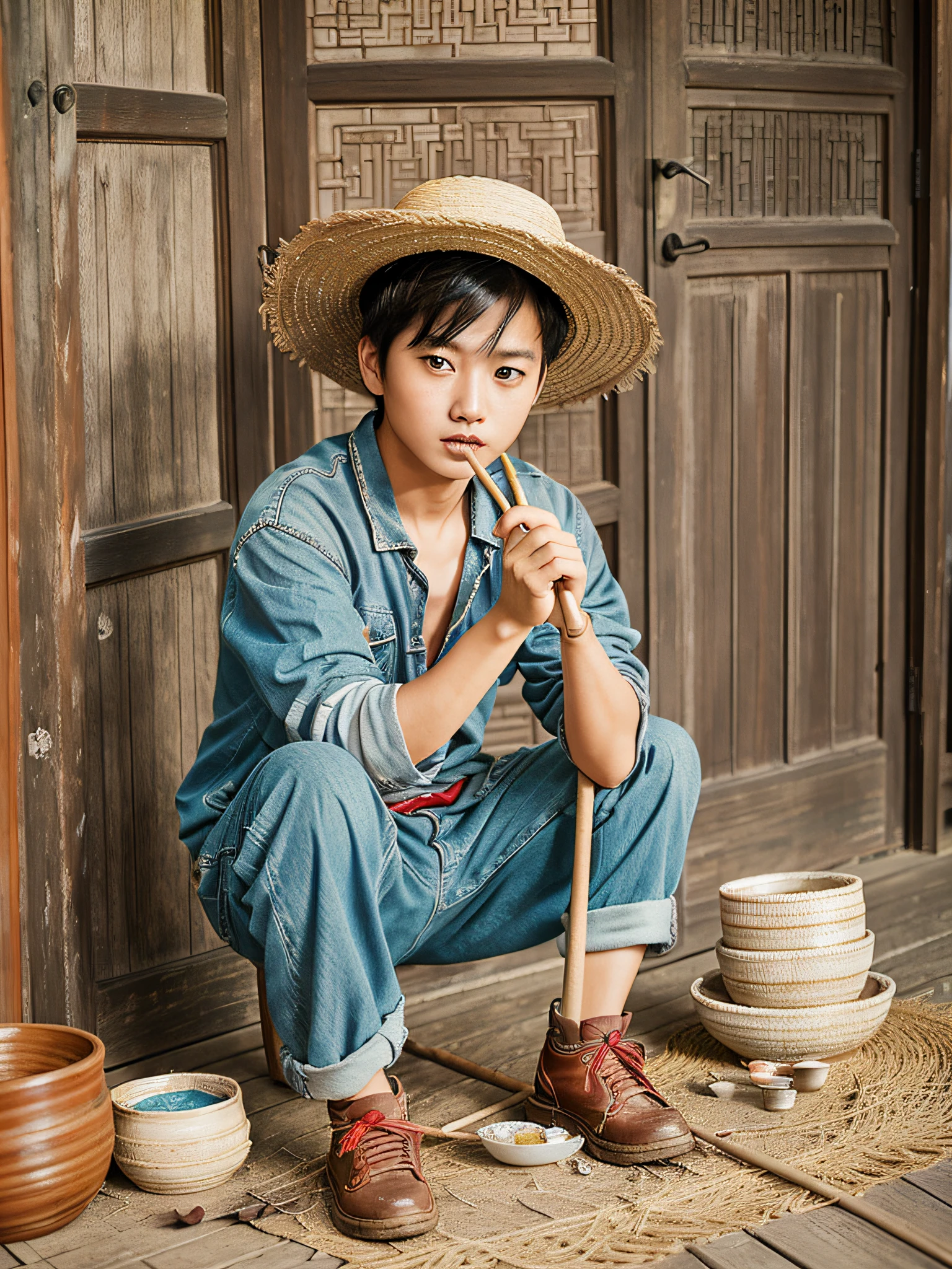 Chinese handsome and cute boy portrait, wearing rags, holding sticks and broken bowls, begging, wearing a broken straw hat, very dirty face, frontal, full body photo, --auto --s2