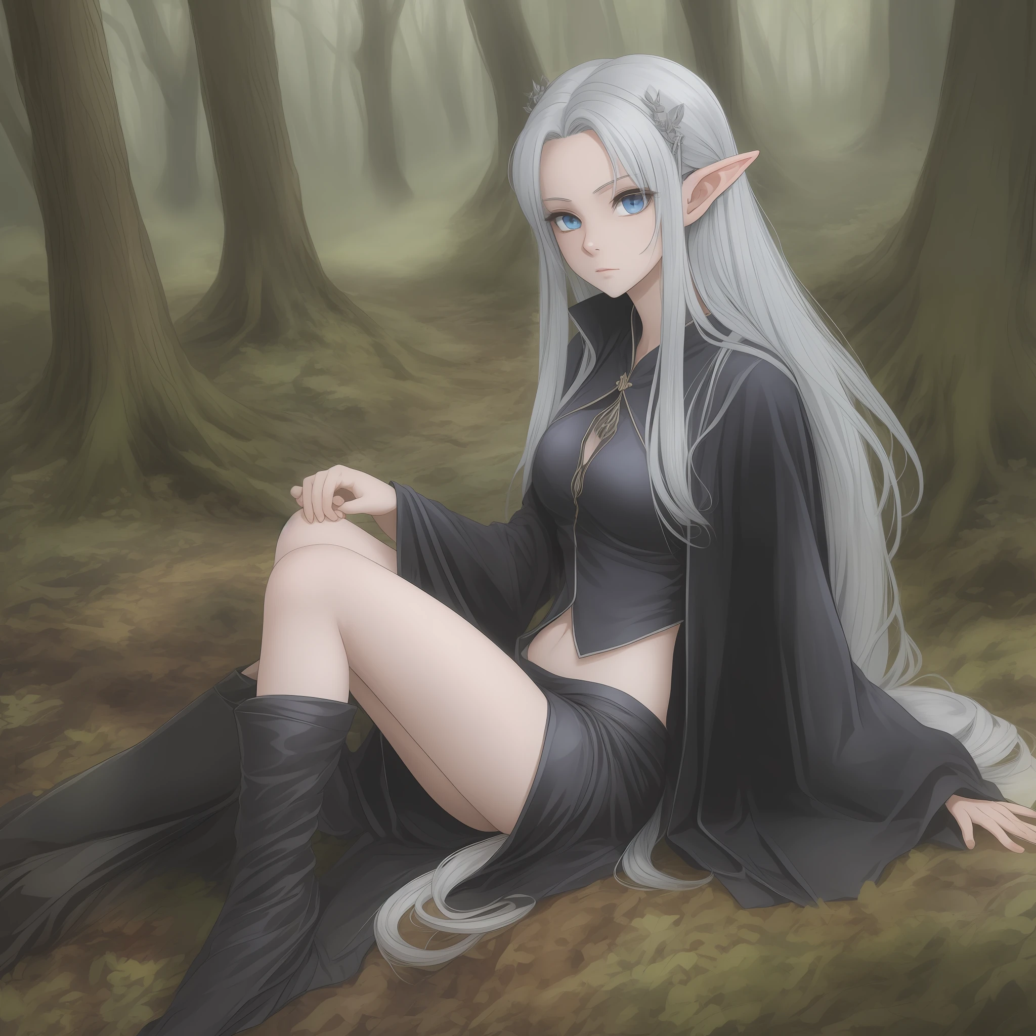 90's anime style, beautiful thin elf girl, Black robe, forest landscape, blue eyes, pale skin, Gray long hair --auto --s2