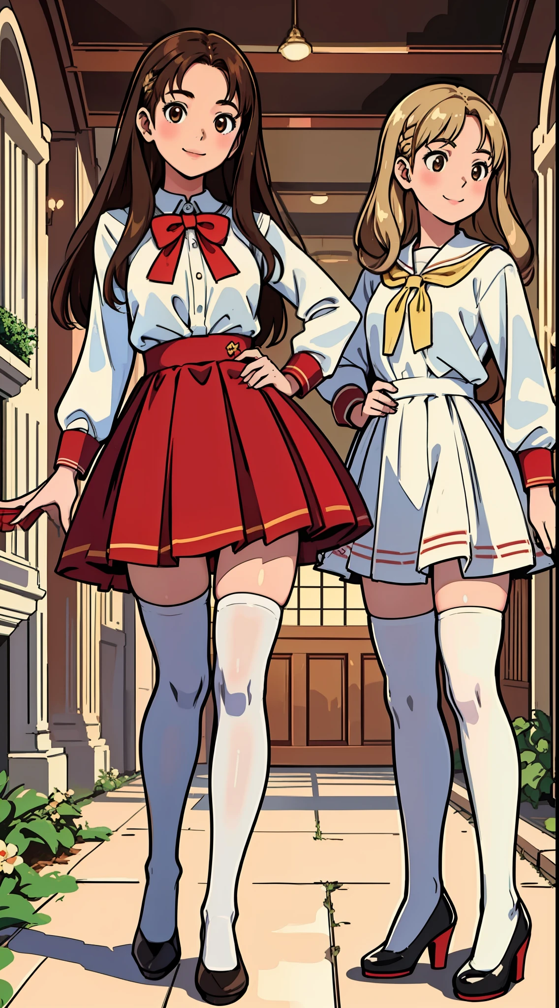 perfect anime illustration, masterpiece, age girls, medium breasts, multiple girls, millions of girls, thousands of girls, (((blonde girls, brown haired girls))), same age sisters, rich sexy schoolgirls, brown hair, blonde hair, curly hair, long hair, different hair colors, hazel eyes, smiling, white skin, (((red school uniform, white thigh high socks, black high heels))), matching outfits, highres, full body, posing, neat rows of sisters, columns of sisters, crowd of sisters