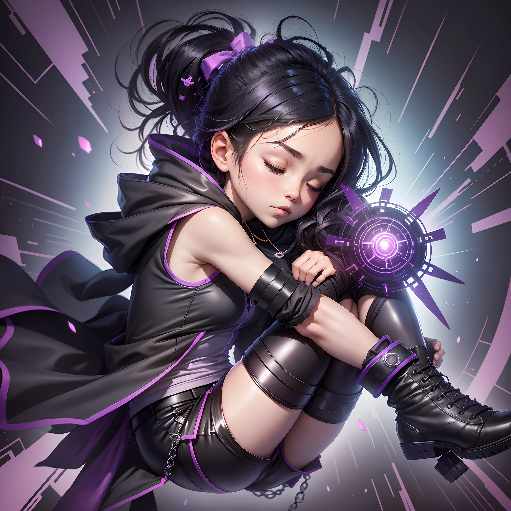 masterpiece, best quality, chibi, zoe, black hair, arm warmers, necklace, sleeveless coat, black shirt, purple pants, arm strap, bicycle shorts, boots, closed eyes, fetal position, floating in the air, sleep. --auto --s2