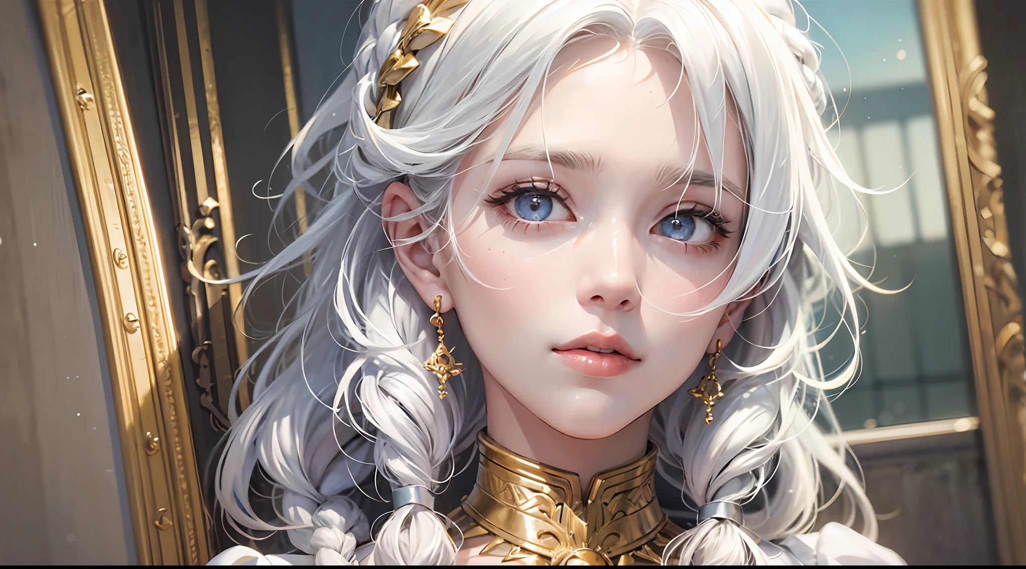 best quality, masterpiece,white hair, gold eyes,white clothes, looking up, upper body,hair strand,Fair skin,side braids