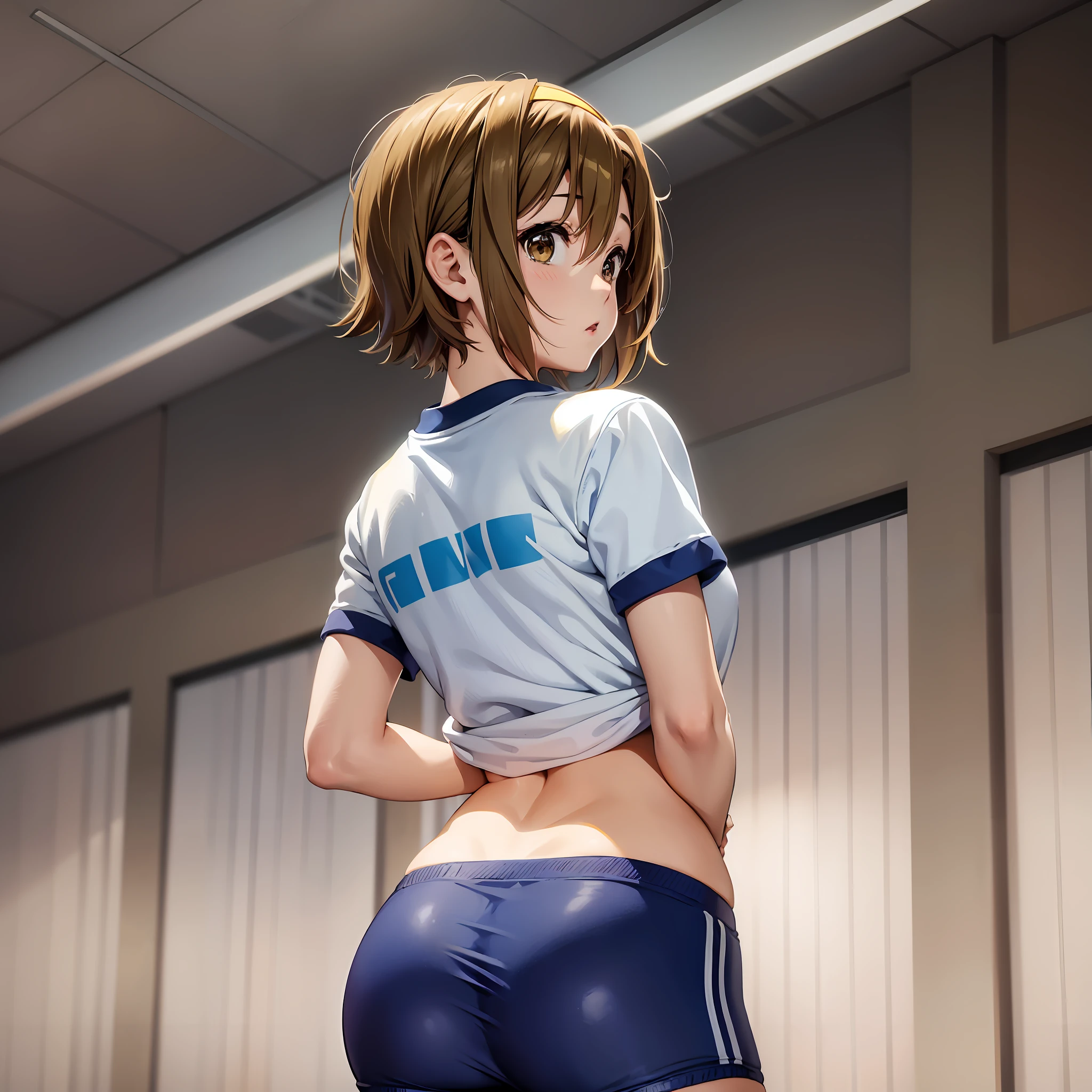 1girl, best quality, Ritsu Tainaka [K-ON!], simple background, minimalist background, simplistic background, minimalistic background, gym uniform, buruma, blue buruma, short hair, hairband, yellow hairband, Parted bangs, from behind, wide hips, butt, large butt, large ass, suggestive