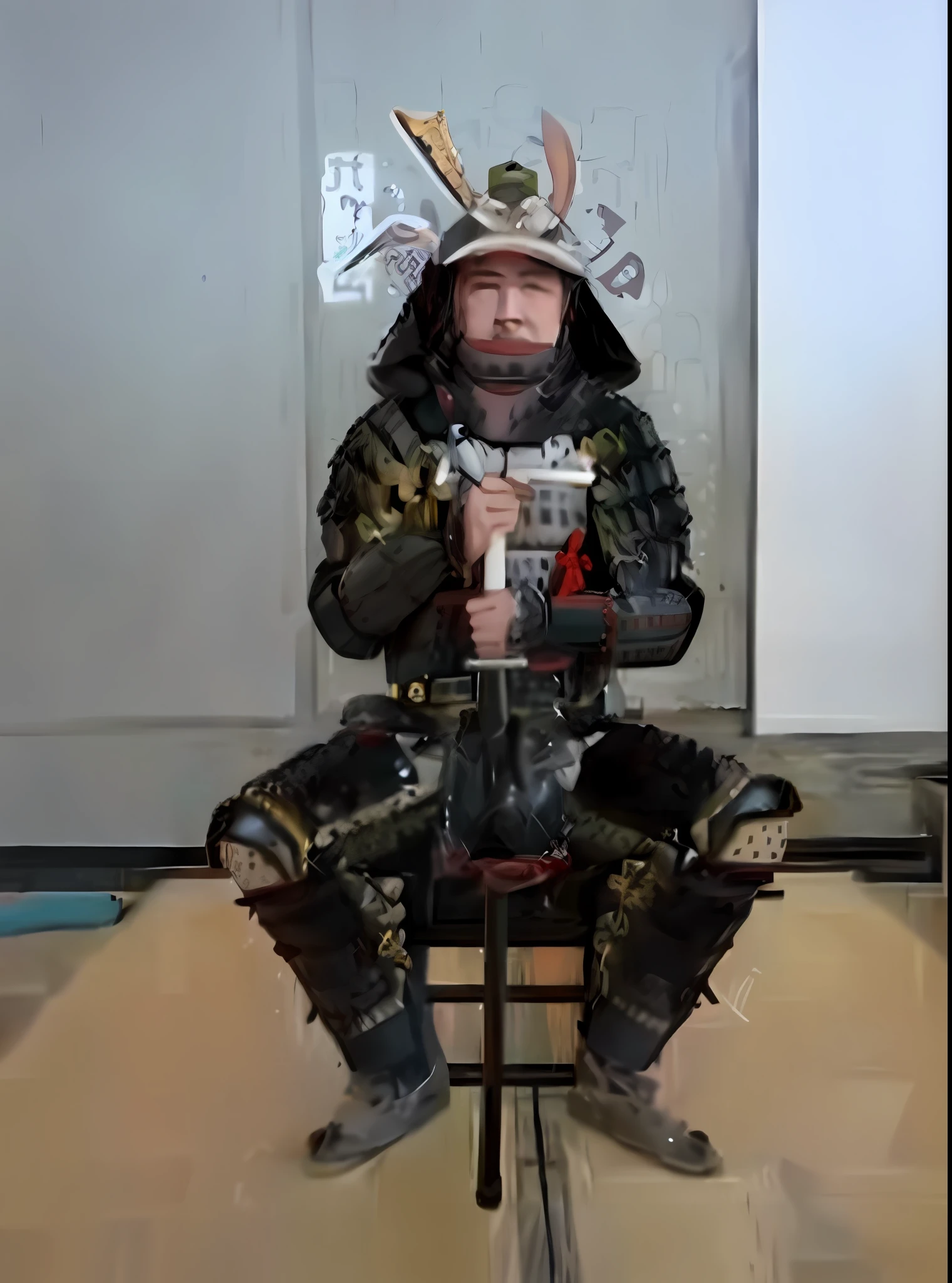 High-definition pictures, pictures, sitting on a chair with a sword, wearing kimono armor, wearing samurai armor, wearing samurai armor, wearing kimono armor, wearing old samurai uniform, Japan warrior, samurai style, samurai costume, bow ashigaru, traditional Japan, segmented armor and sashimi, adult male warrior pictures, Japan samurai