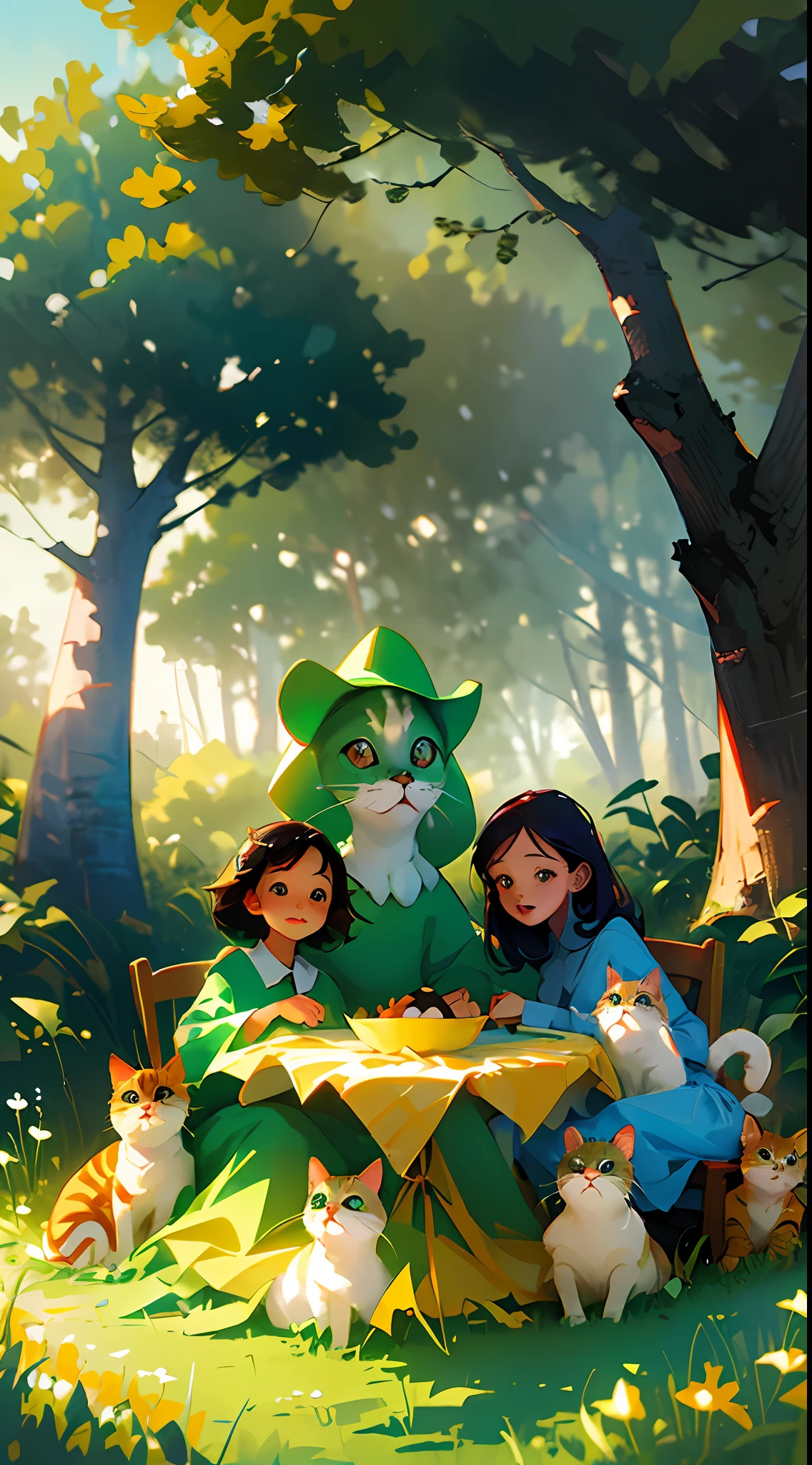a whimsical illustration of a cat family having a picnic in a forest, cartoon style with layered 2d art and bright colors, inspired by Adventure Time and Skottie Young