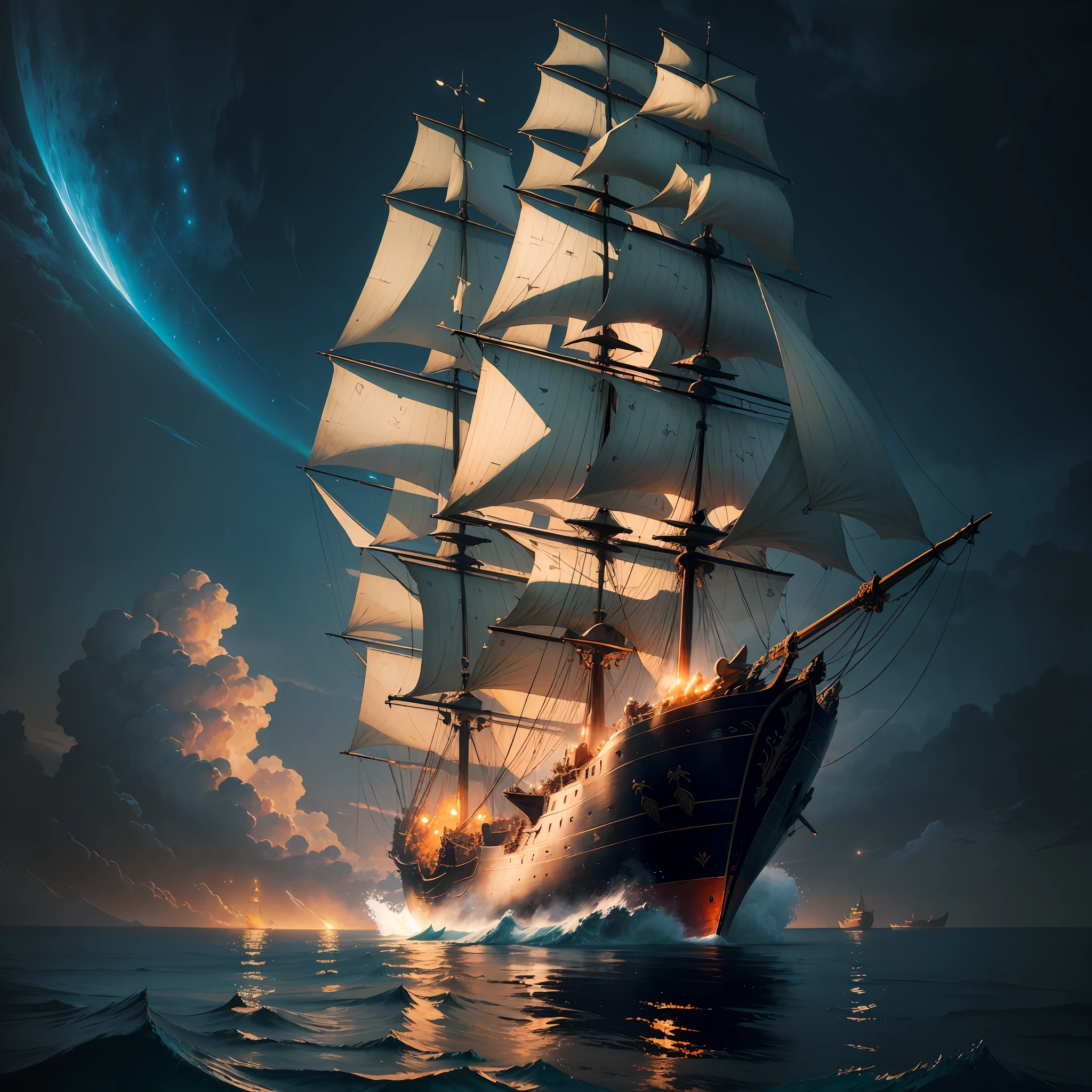 Light field photography, Frigate, cozy warm 17th century, ultra high quality, luminism, maximalism, art by Ivan Aivazovsky