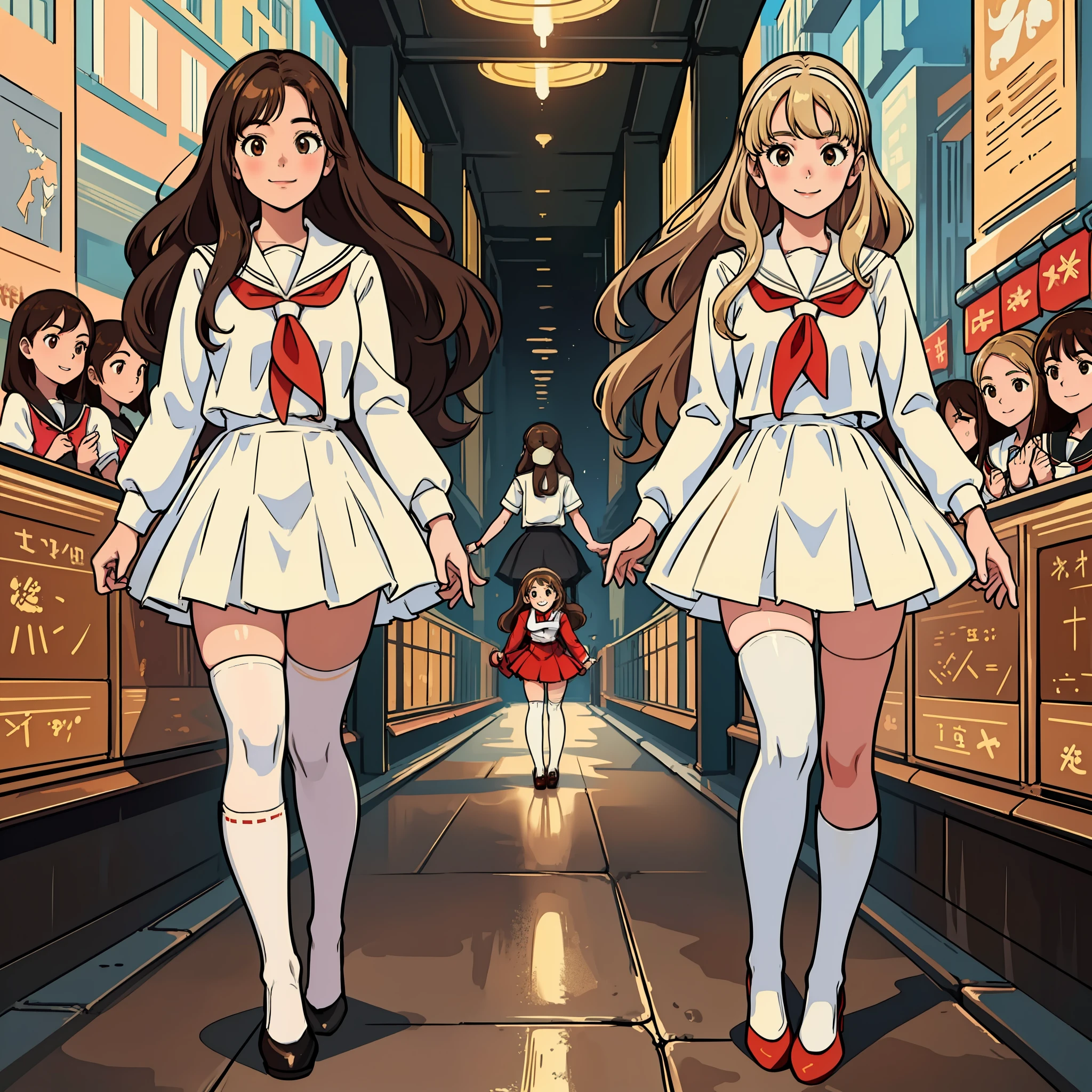 perfect anime illustration, masterpiece, teenage girls, medium breasts, multiple girls, millions of girls, thousands of girls, (((blonde girls, brown haired girls))), same age sisters, rich sexy schoolgirls, brown hair, blonde hair, curly hair, long hair, different hair colors, hazel eyes, smiling, white skin, (((red school uniform, white thigh high socks, black high heels))), matching outfits, highres, full body, posing, neat rows of sisters, columns of sisters, crowd of sisters