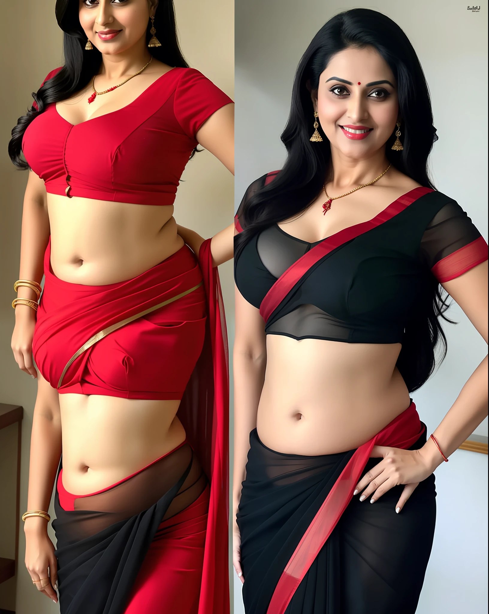 a woman, in red blouse, black see through saree, perfect figure, (cleavage:0.5) (woman:1) solo, milf, deep navel