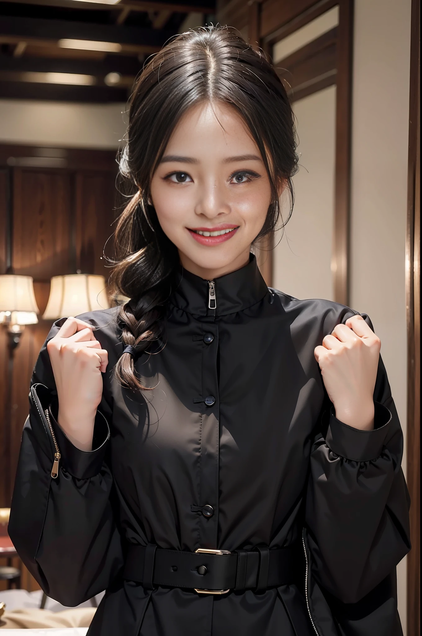 Beautiful girl smiling in black suit at guesthouse