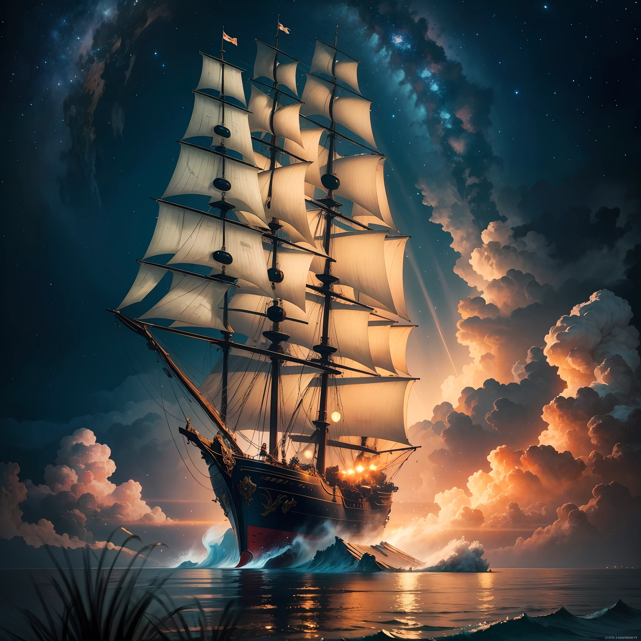 Light field photography, Frigate, cozy warm 17th century, ultra high quality, luminism, maximalism, art by Ivan Aivazovsky