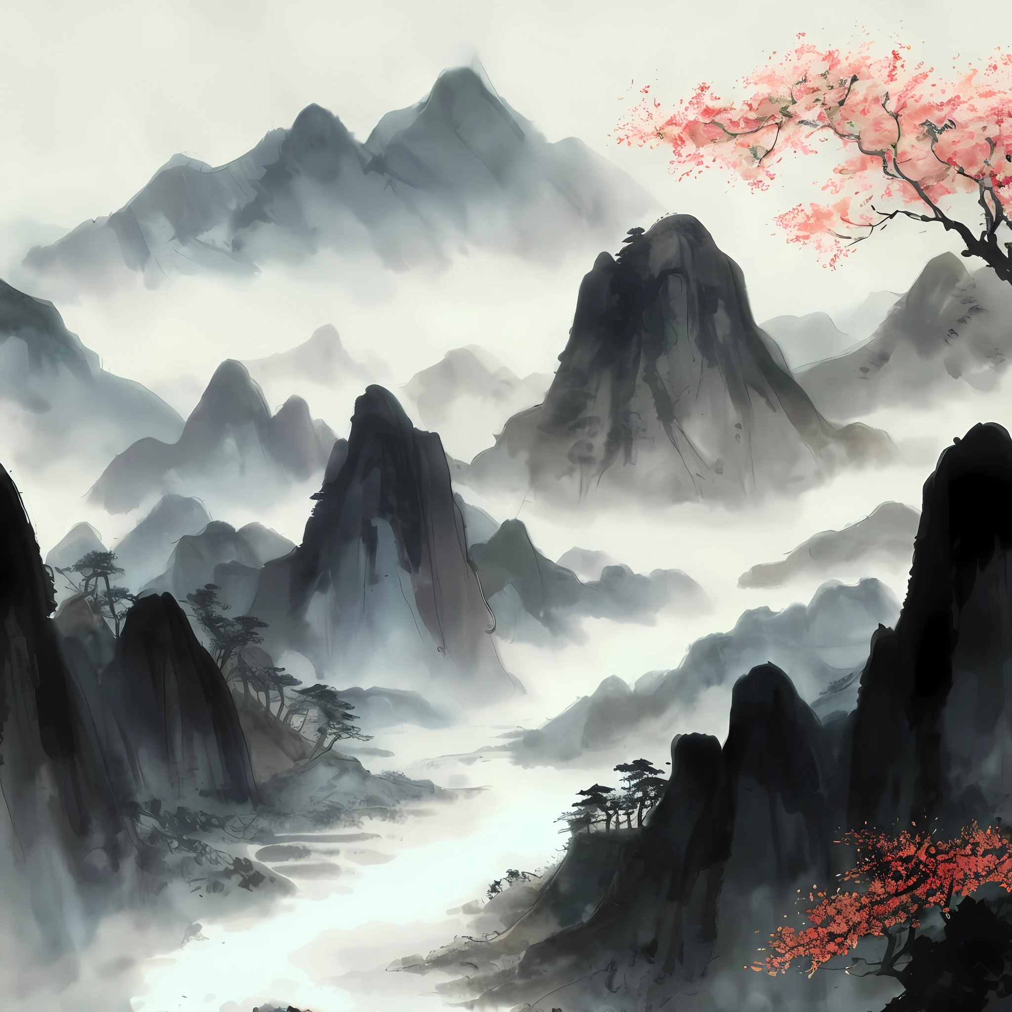 arafed view of a mountain with a tree and a river, chinese landscape, scenery artwork, misty mountains, japanese landscape, chinese painting style, chinese style painting, chinese watercolor style, background artwork, serene landscape, korean artist, japanese style painting, (mist), painted landscape, traditional chinese ink painting, mist, mountains in fog background