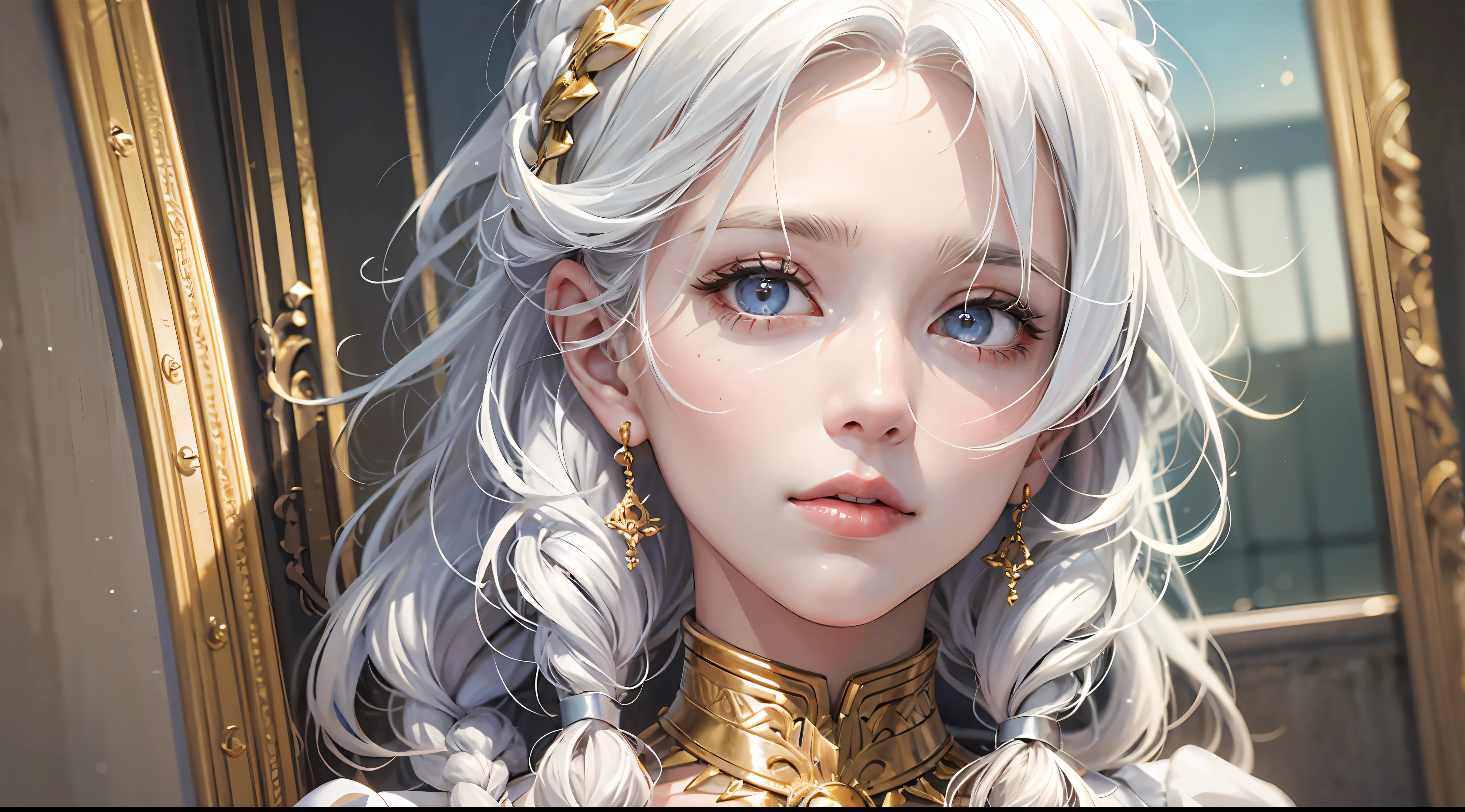 best quality, masterpiece,white hair, gold eyes,white clothes, looking up, upper body,hair strand,Fair skin,side braids