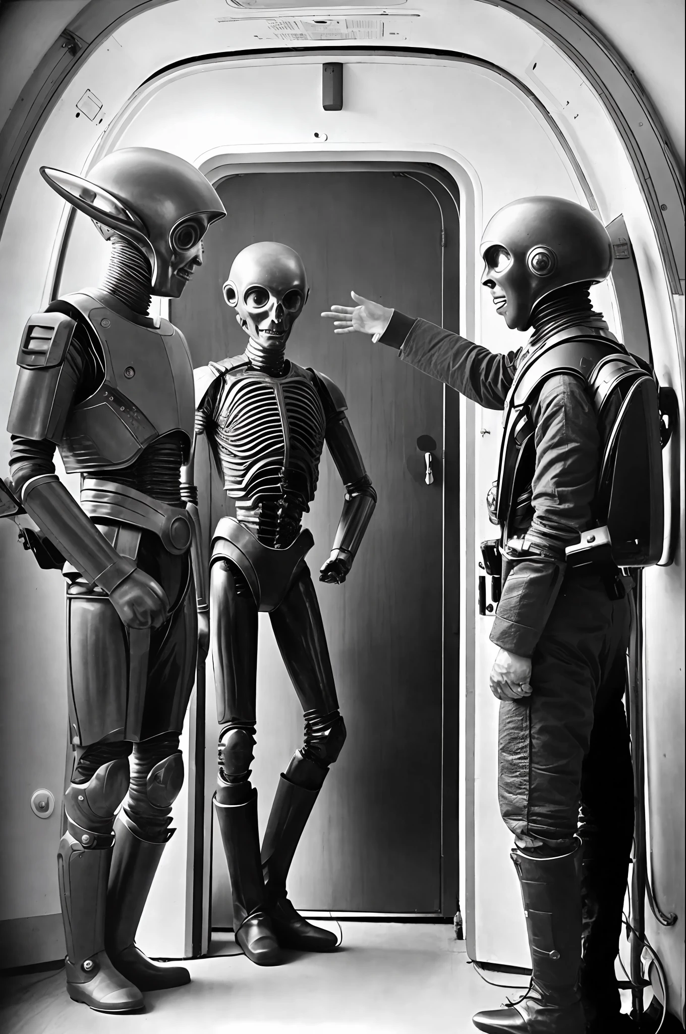 photo of an alien talking to a human in a ship, UFO, extraterrestrial, 1870s, he is in the hospital, photorealistic, (Lomography Lady Grey)