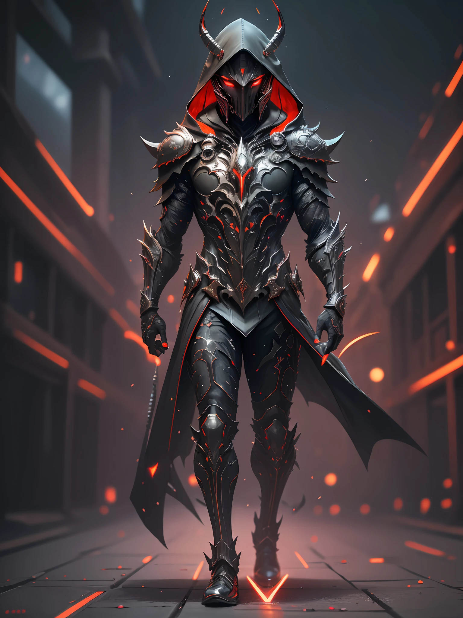 full body hyper realistic black purple hooded sharp ornate man waring mask, red neon, dark, night, extra details, Many details, front view, (night:2) background, full body, full body, all body, front view, wide angle, ultra details, ultra resolution, ultra quality, unreal engine 5, cinematic lighting, depth of field, head out of frame, out of frame, feet out of frame, super detail, 16k, high quality, award winning, best quality, textured skin, high details, super detail