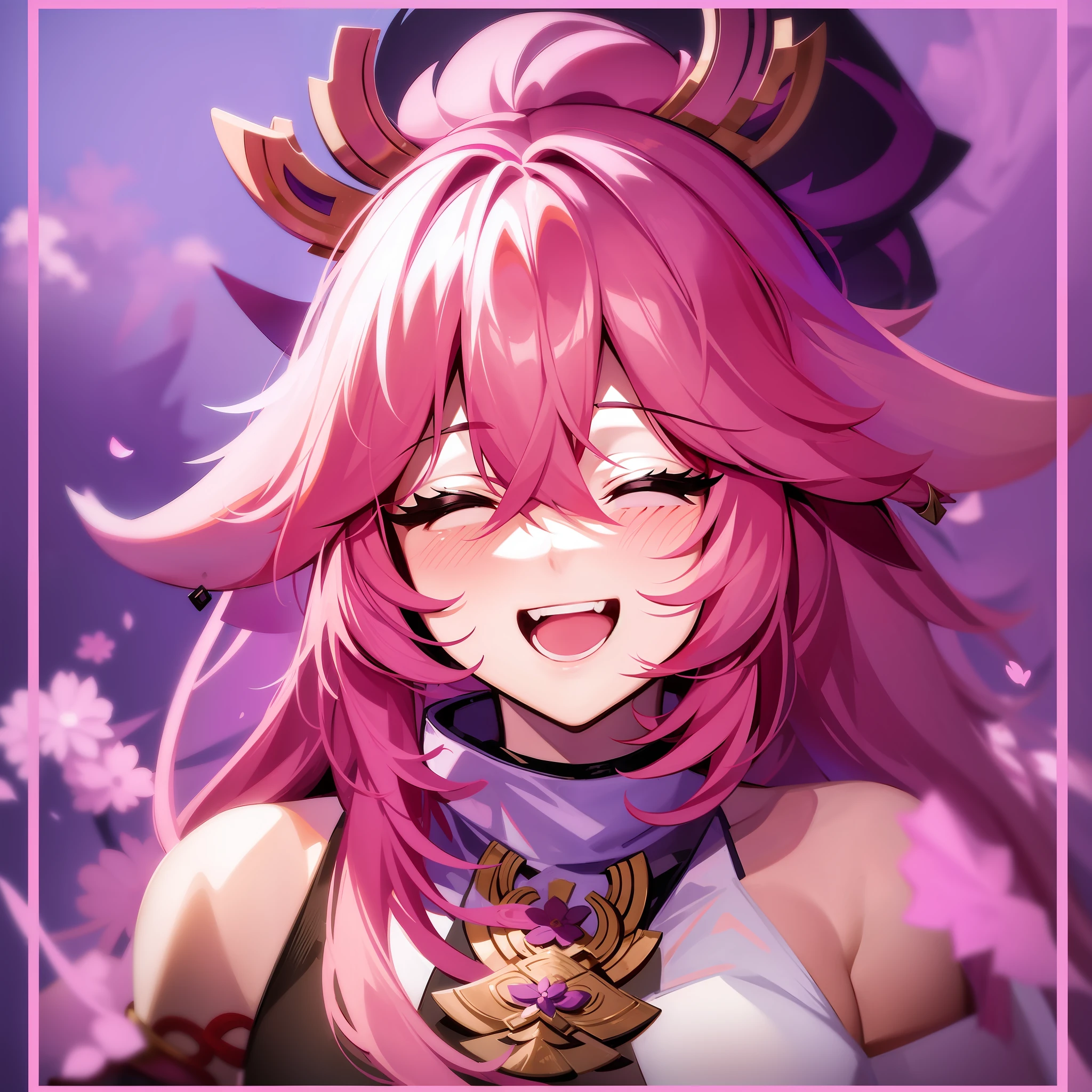 yae miko, Pink hair, closed eyes, a girl laughing,open mouth, with a purple background, portrait