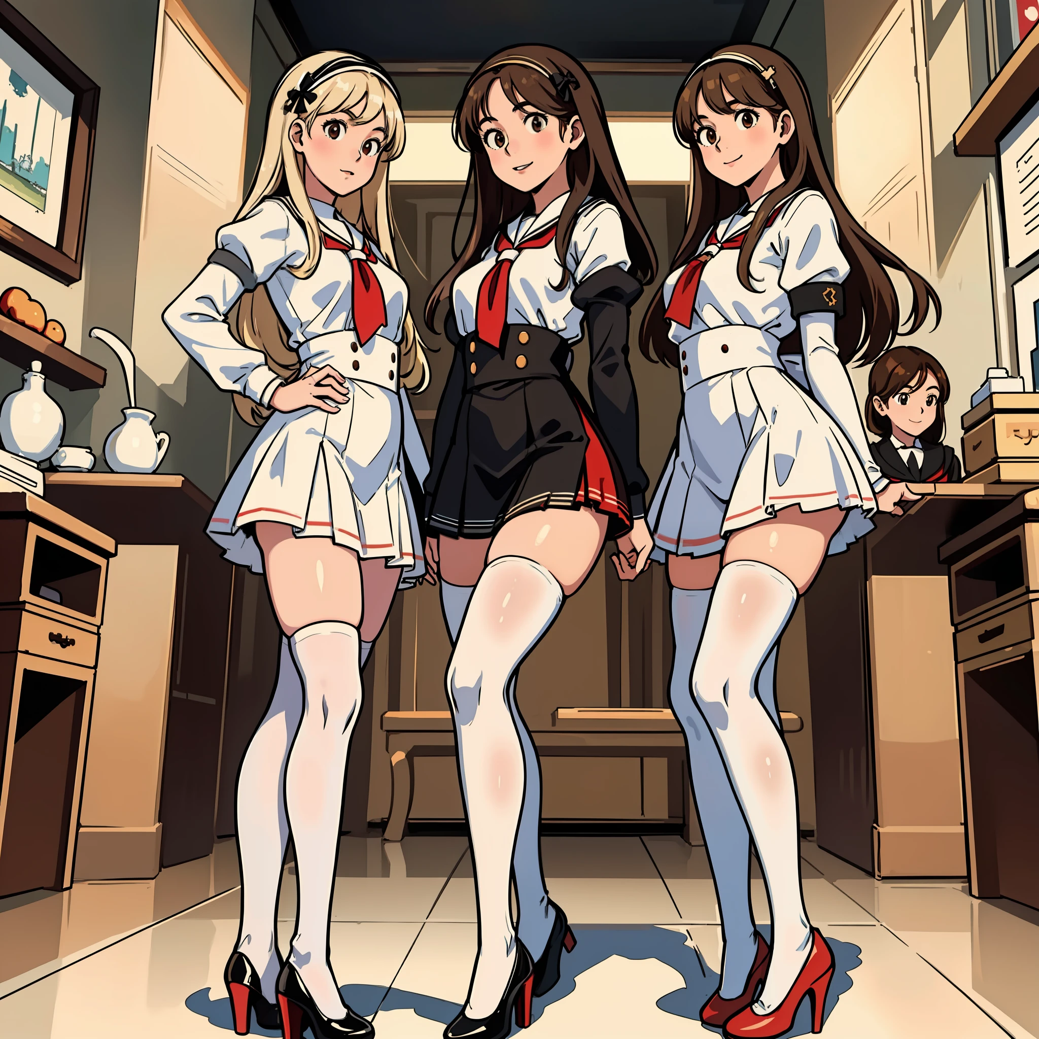 perfect anime illustration, masterpiece, teenage girls, medium breasts, multiple girls, millions of sisters, thousands of sisters, (((blonde girls, brown haired girls))), same age sisters, rich sexy schoolgirls, brown hair, blonde hair, curly hair, long hair, different hair colors, hazel eyes, smiling, white skin, (((red school uniform, white thigh high socks, black high heels))), matching outfits, highres, full body, posing, crowd of sisters