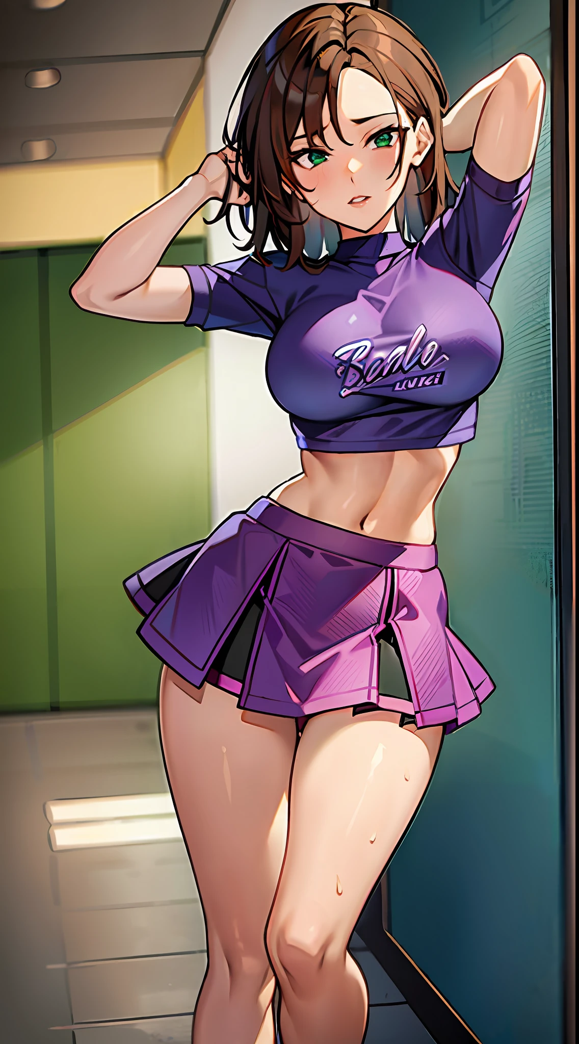 ((masterpiece, standing, best quality, (shoko_sugimoto, black eyes, long hair, black hair, standing), 1girl, fitness, ((solo, (1woman, pink lipstick), Extremely detailed, ambient soft lighting, 4k, perfect eyes, a perfect face, perfect lighting, a 1girl)) , ((nurse cap, revealing clothes, shrug (clothing, tan mark), short sleeves, (layered bikini:1.3), purple bikini, green bikini, green gloves, elbow gloves, pink belt, black skirt, microskirt, green thighhighs, garter straps, (sexy convention:1.5), (inside, auditorium, convention background), high ceiling, crowded))
