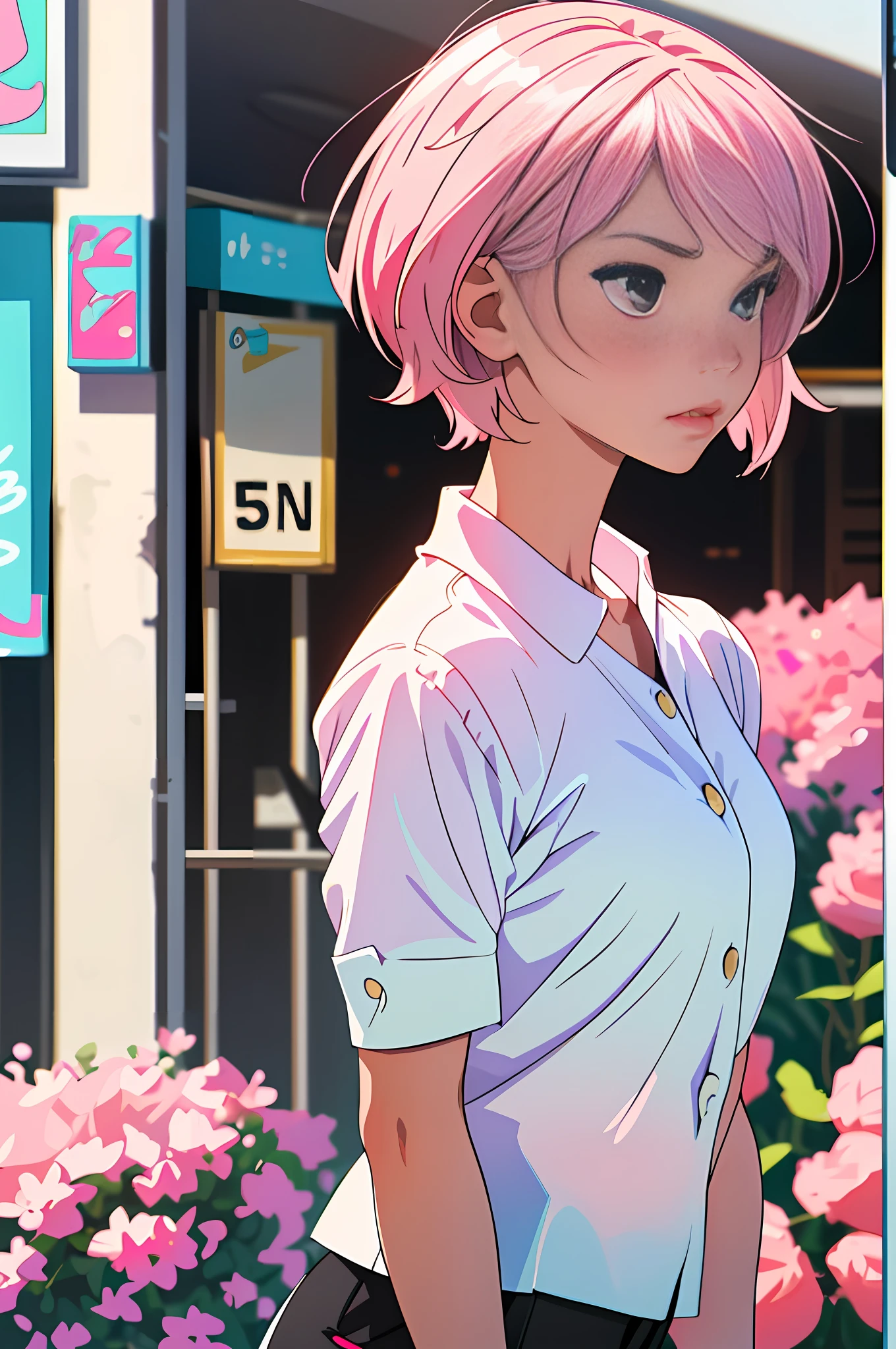 (Best Quality Masterpiece), 1girl, blurred background, upper body, contemporary, girl with pastel pink and short hair, white shirt and black shorts, (black eyes 1.5)