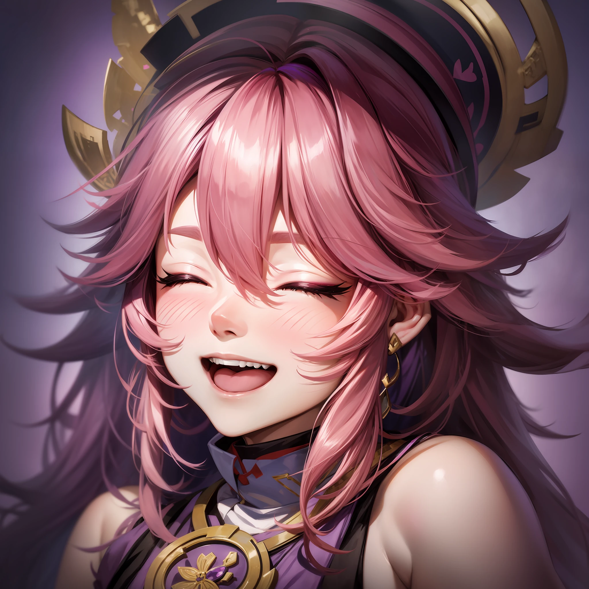 yae miko, Pink hair, closed eyes, a girl laughing,open mouth, with a purple background, portrait