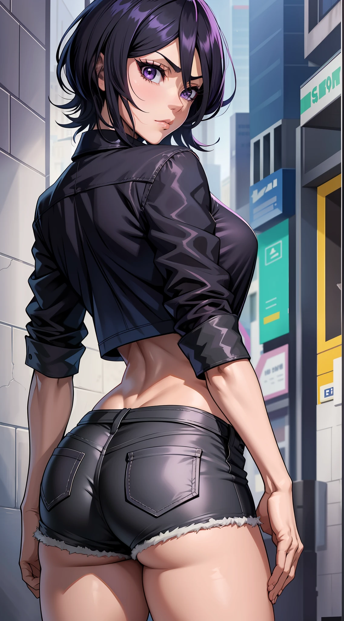 anime screencap, city, 1girl, solo, short hair, black hair, purple eyes, looking at the viewer, hair between eyes, lustful, closed mouth, ass, wide hips, short top, short shorts, unbuttoned shorts, legs apart, erotica, back