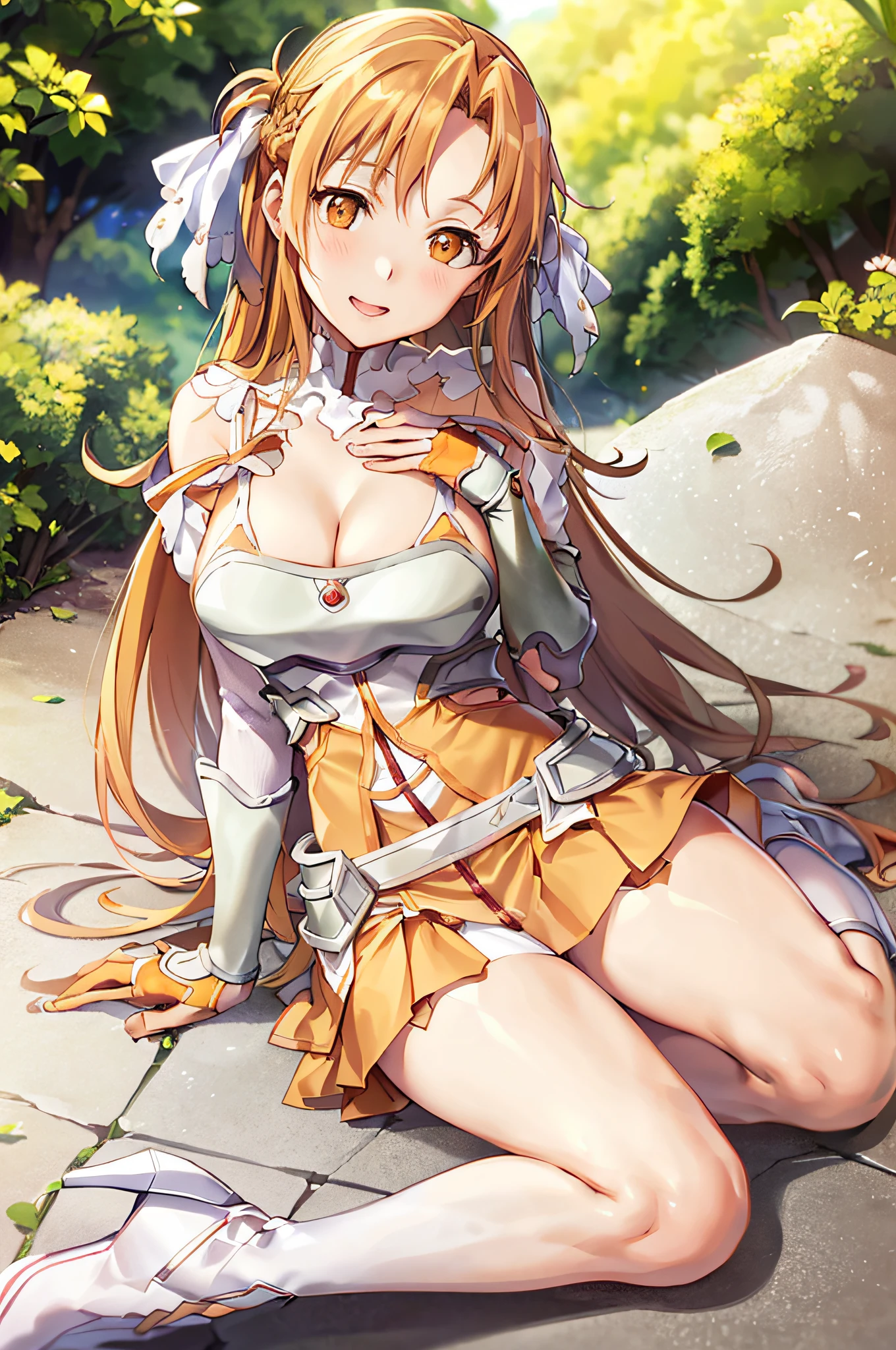 Orange leotard, Asuna, asuna_(sao\), 1girl, (sexy pose:1.2), fantasy, hi-res, original, real, (excite), landscape, close_up, upper_body, (sitting on grass), smiling, solo, (:1.2), long hair, (big:1.3), watch viewer, smile, open mouth, bangs ,detailed eyes, Beautiful background, (Forest), Hands on chest, Orange hair, (legs spread:1.3), Thighs, Gloves, Dress, (cleavage:1.4), Bare shoulders, Brown eyes, Very long hair, Standing, (Full body: 1.5), White gloves, (chest open:1.5), Armor, White thighs, Garter straps, Breeze, White armor, ABEC