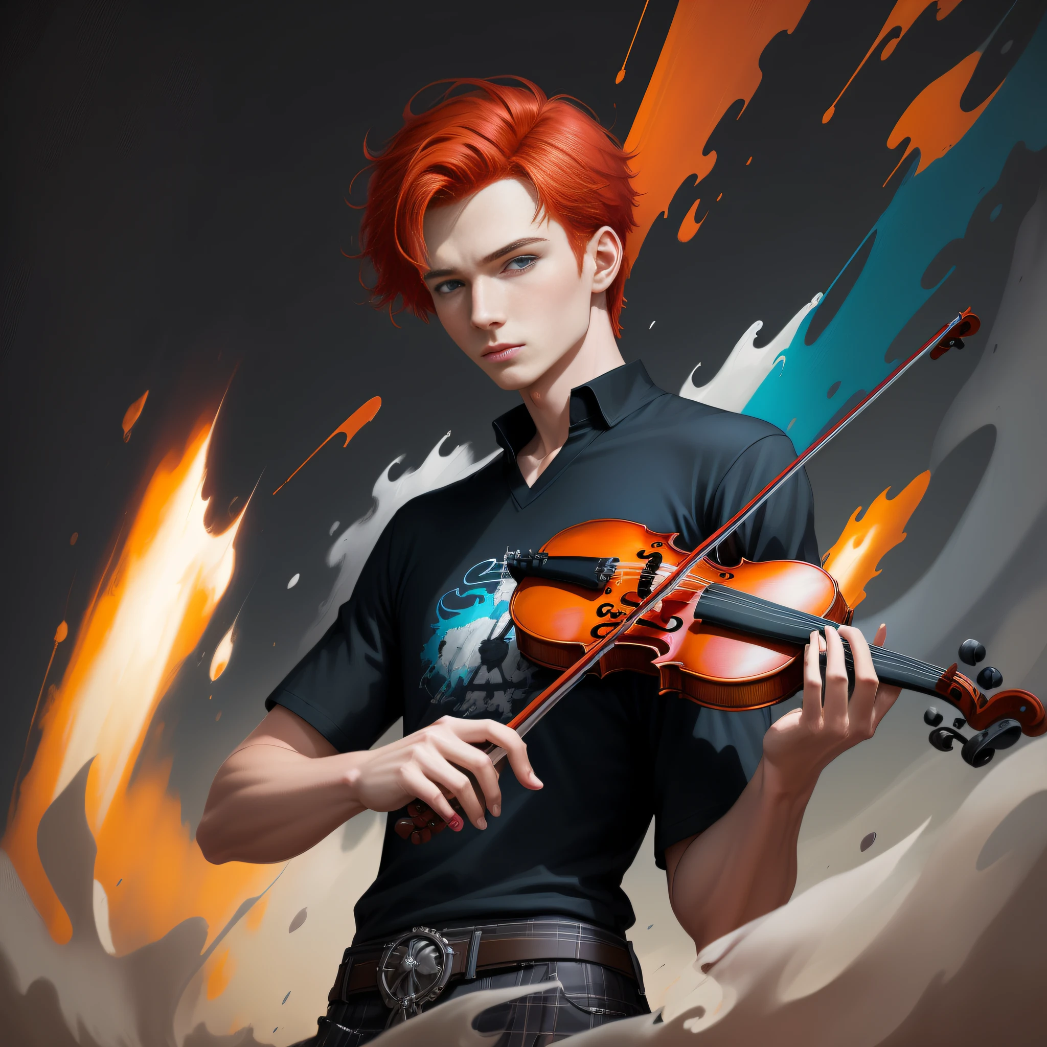 (solo), (young man with red hair and blue eyes: 1.2), (playing violin:1.3), (wearing dark grey kilt and grey t-shirt: 1.1), (surrounded by swirling, colorful music notes in the background, in the art style of artists called "Esao Andrews", "Stanley Mouse", and "Dan Mumford 1.5), (dramatic illumination, dynamic angle, intense color contrast),