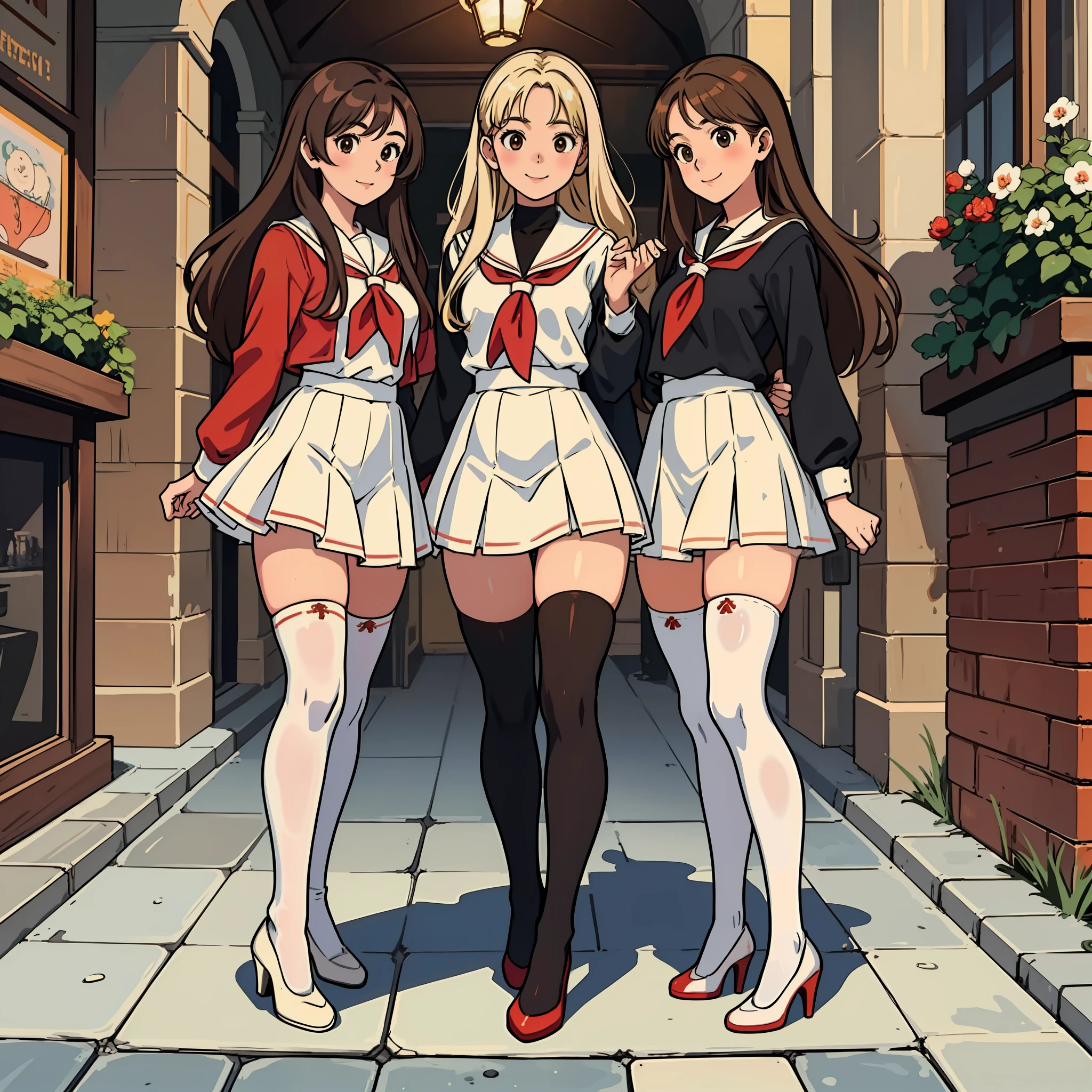 perfect anime illustration, masterpiece, age girls, medium breasts, multiple girls, millions of sisters, thousands of sisters, (((blonde girls, brown haired girls))), same age sisters, rich sexy schoolgirls, brown hair, blonde hair, curly hair, long hair, different hair colors, hazel eyes, smiling, white skin, (((red school uniform, white thigh high socks, black high heels))), matching outfits, highres, full body, crowd of sisters