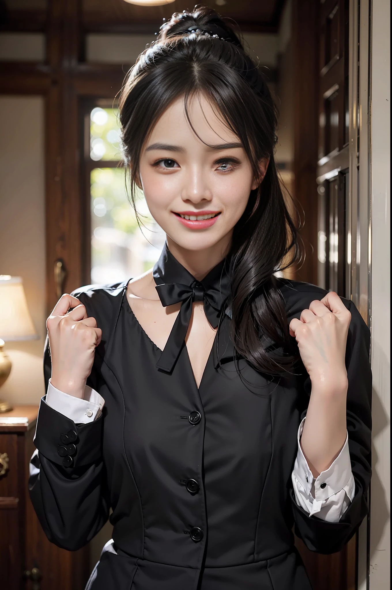 Beautiful girl smiling in black suit at guesthouse