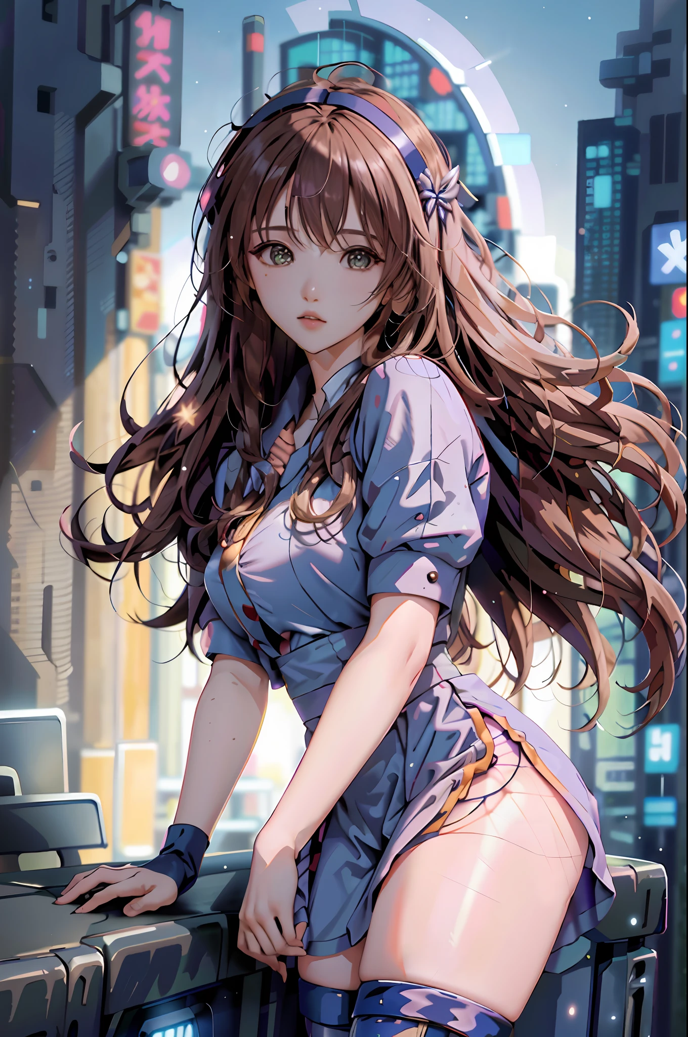 Masterpiece, Best Quality, 4K, Mecha, Starry Sky, Sky, Stars \ (Sky \), Cape, Headband, Long Hair, Cyberpunk, Depth of Field, Blurred Background, Thin Waist, Stockings, Fishnet Socks