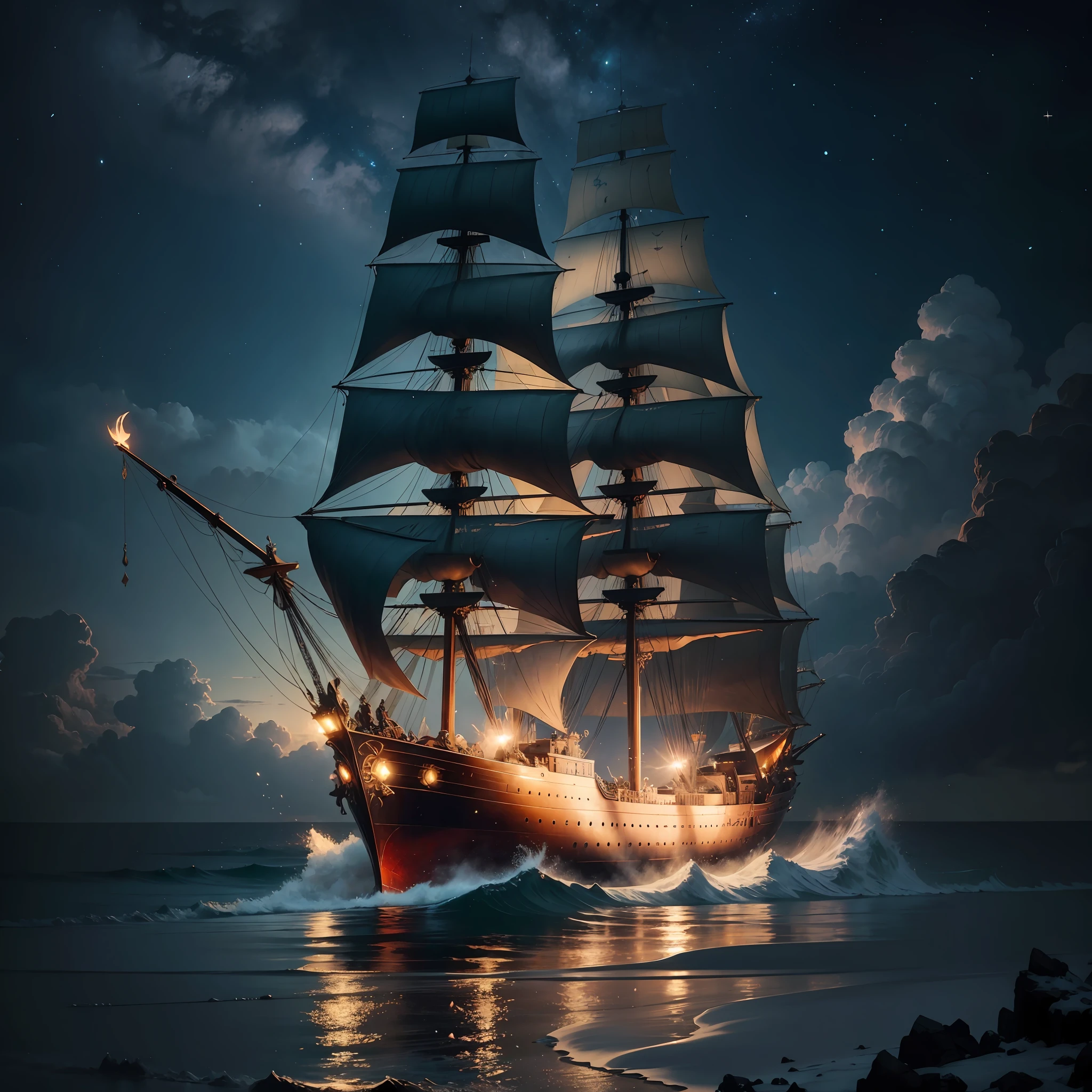 Light field photography, Frigate, cozy warm 17th century, ultra high quality, luminism, maximalism, art by Ivan Aivazovsky