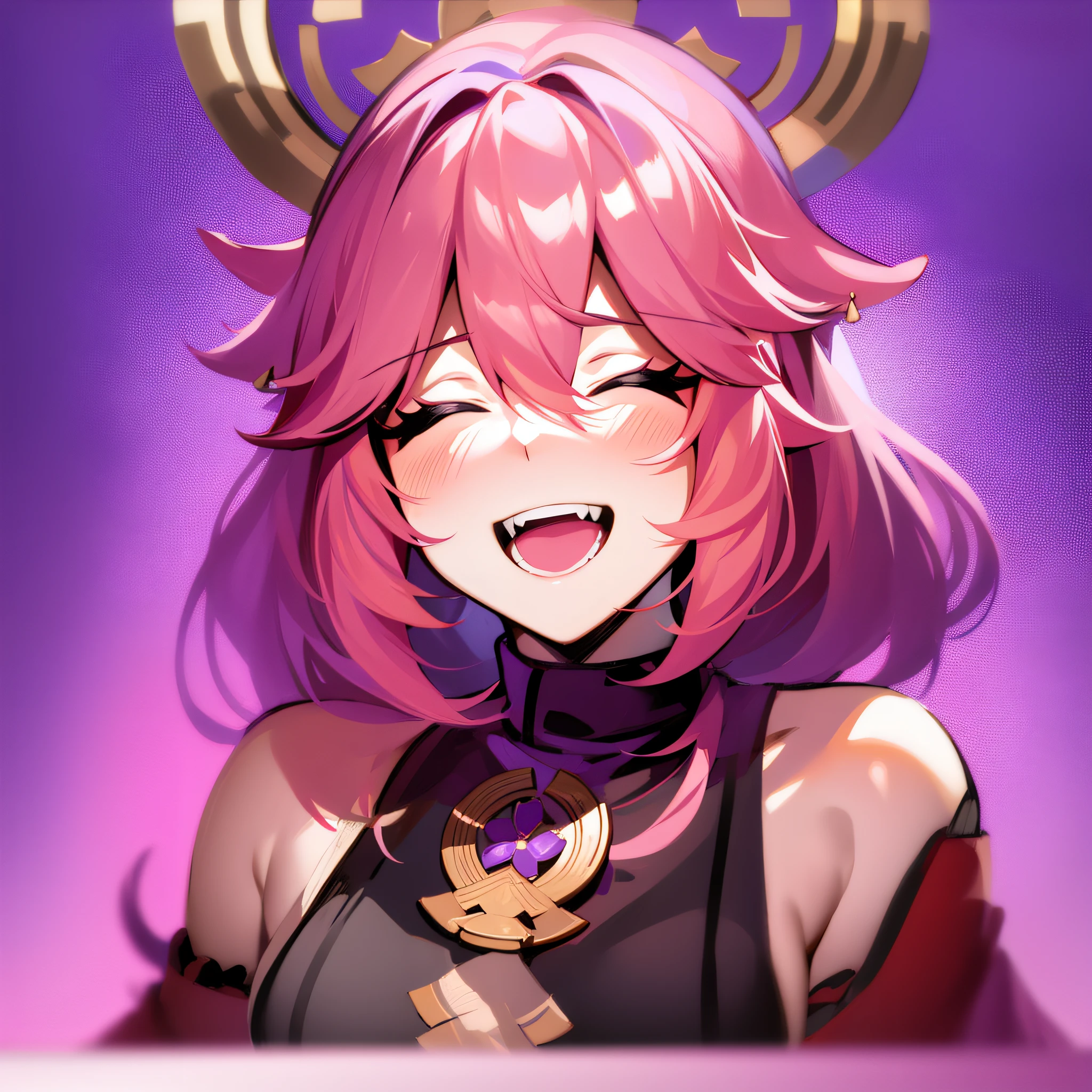 yae miko, Pink hair, closed eyes, a girl laughing,open mouth, with a purple background, portrait