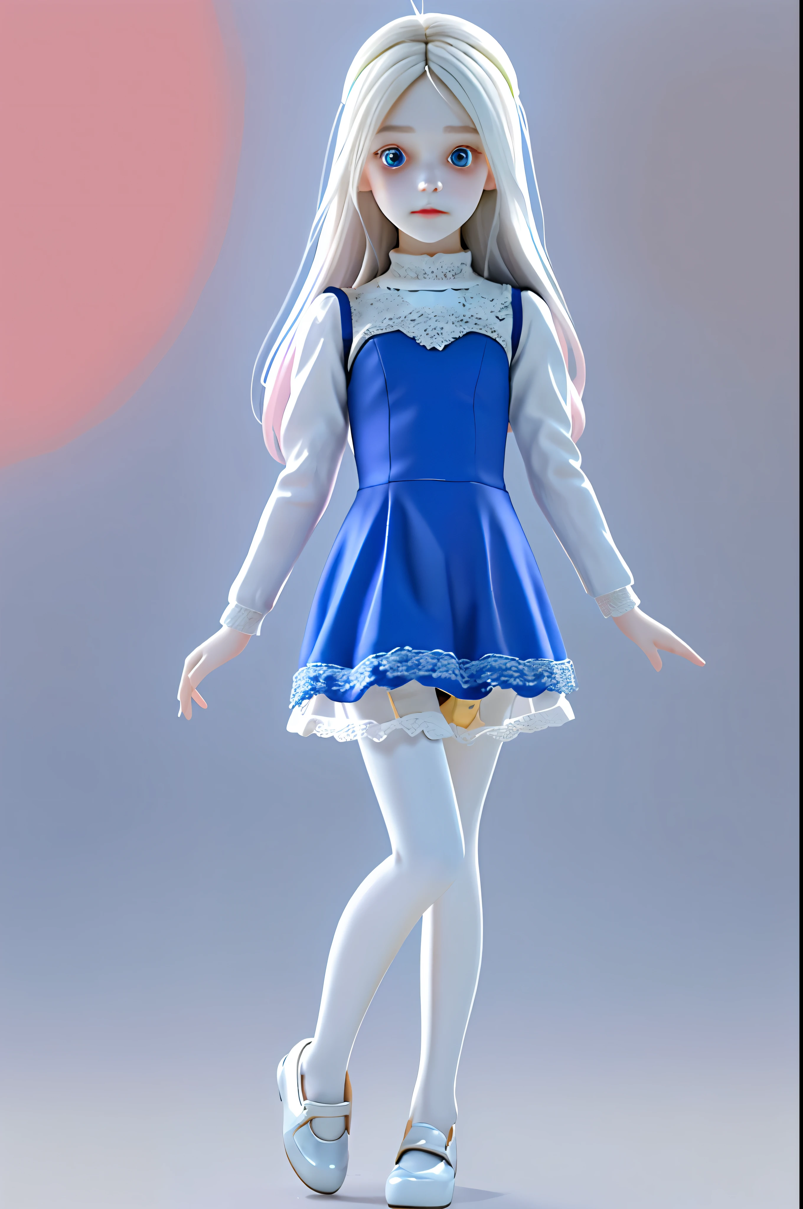 Girl long hair pink up to foot, dark strong blue eye, short navy blue dress turtleneck and long sleeve,white lace short/pantie pantyhose,yeshoe/doll shoe,child body,skinnye skin gleaming porcelain