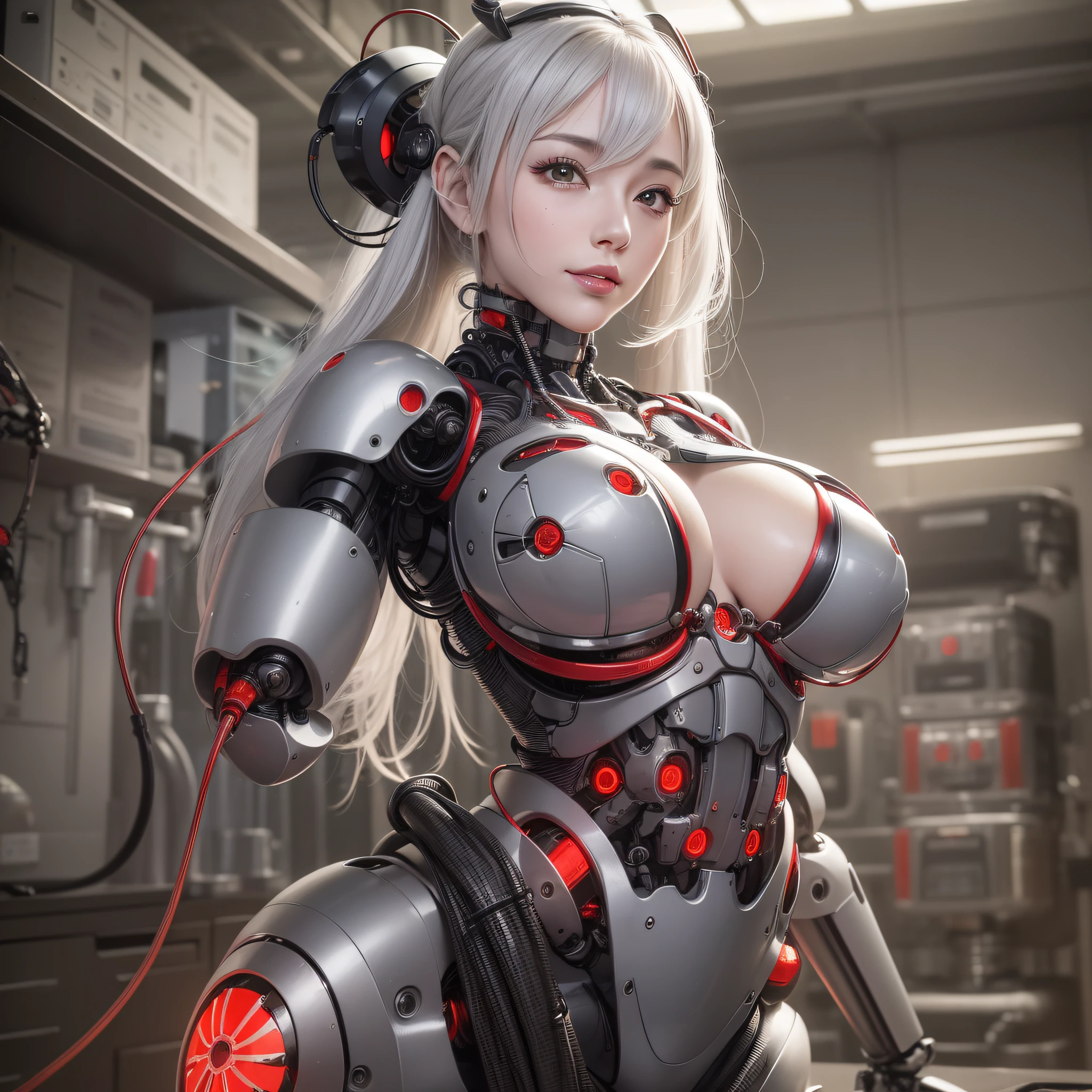 Beautiful Face,face is Japan, 1 Woman, Big, Curvaceous,(8k, RAW photo, top quality, masterpiece: 1.2)(Realistic, Photorealistic: 1.37) (Blood vessel attached to tube)((((Bikini Cyborg robot parts)))), (Light gray hair), Long hair, Wavy hair, Twin tails, Medium shot, ((Seductive smile) ), (Black Eyes), Hime Cut,From Below,(whole body),posing,,Inside the lab,( Blood vessel connected to a tube),((Mechanical vertebrae attached to the back)),((Mechanical neck attached to the neck)),(Wire and cable attached to the head and body),(Character Focus),Science Fiction,