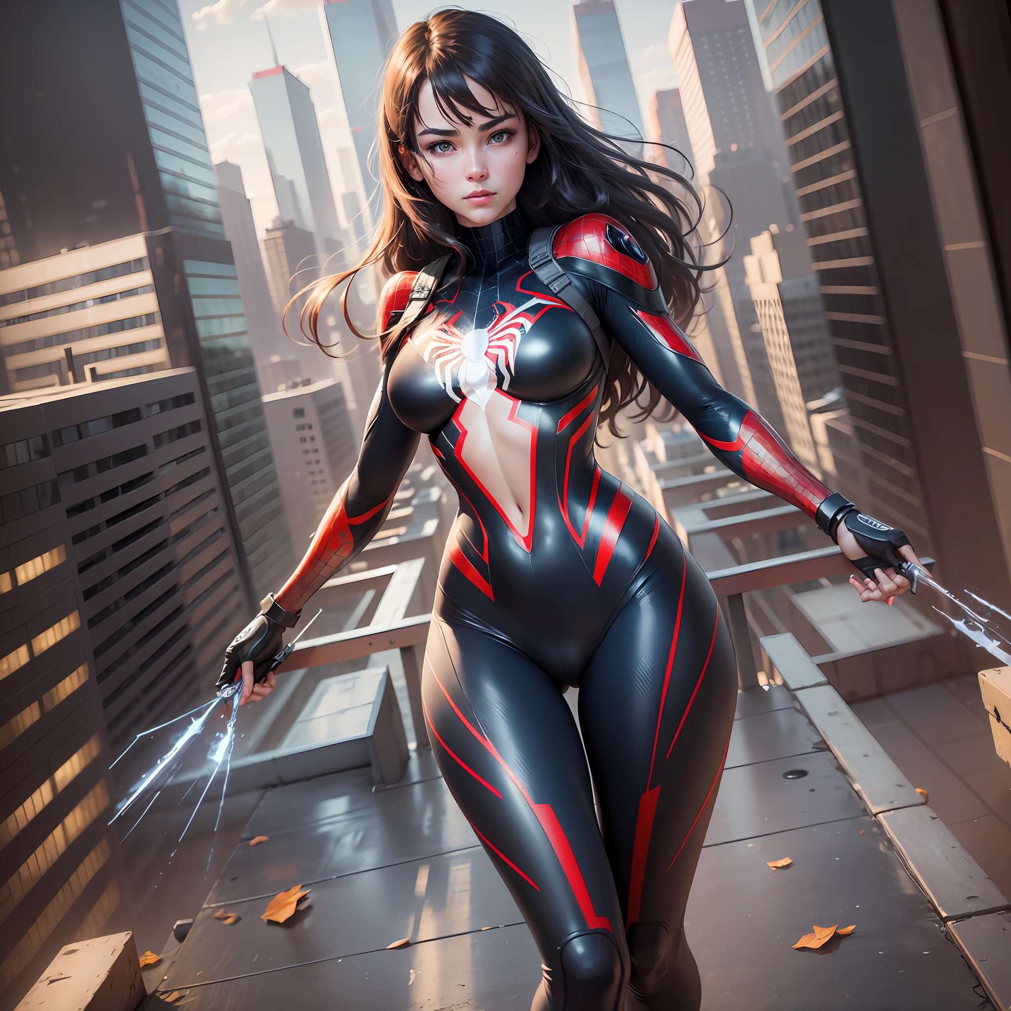 (1girl:1.3), Solo, (((Very detailed face)))), ((Very detailed eyes and face)))), Beautiful detail eyes, Body parts__, Official art, Unified 8k wallpaper, Super detailed, beautiful and beautiful, beautiful, masterpiece, best quality, original, masterpiece, super fine photo, best quality, super high resolution, realistic realism, sunlight, full body portrait, amazing beauty, dynamic pose, delicate face, vibrant eyes, (from the front), She wears Spider-Man suit, red and black color scheme, spider, very detailed city roof background, rooftop, overlooking the city, detailed face, detailed complex busy background, messy, gorgeous, milky white, highly detailed skin, realistic skin details, visible pores, clear focus, volumetric fog, 8k uhd, DSLR, high quality, film grain, fair skin, photo realism, lomography, futuristic dystopian megalopolis, translucent --auto --s2