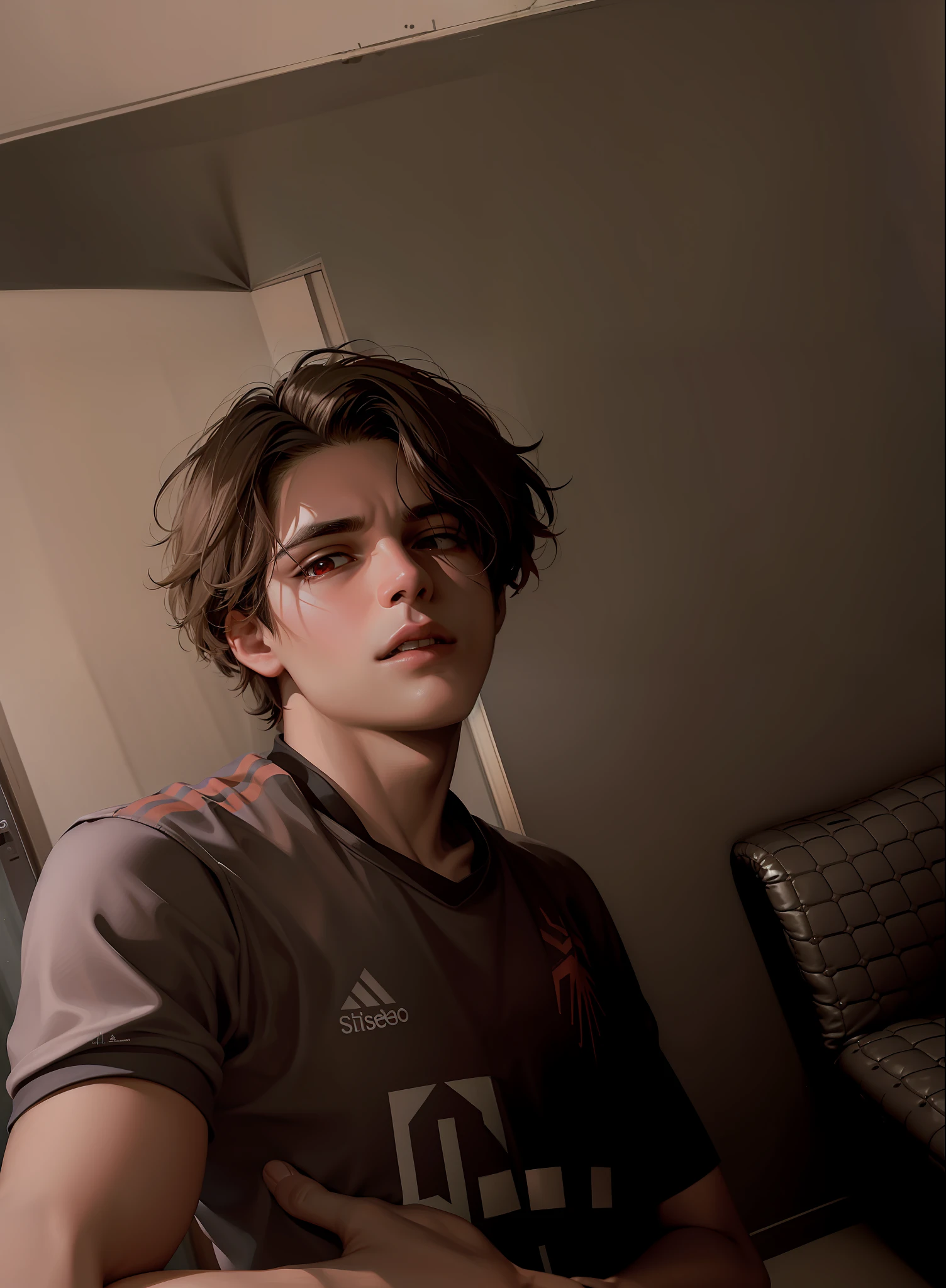 (masterpiece, best quality:1.2), solo, male focus, 1boy, expressionless, looking at viewer, squatting, short hair, (streaked hair:1.1), red eyes, spider suit, spider web print, spider web, rooftop